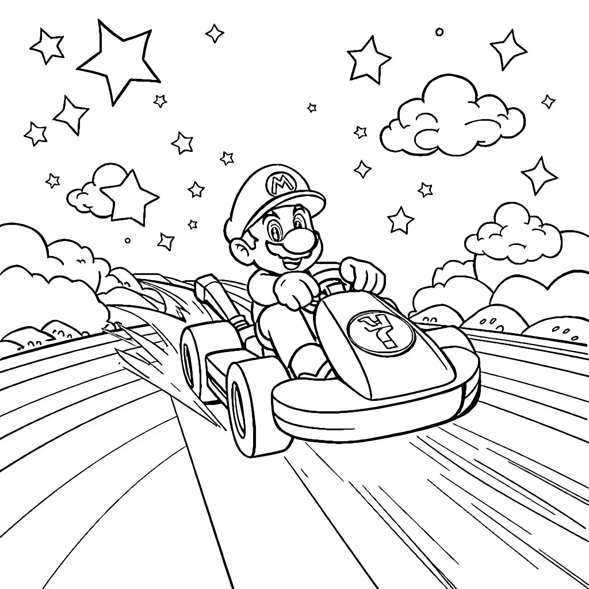 Mario Kart racing through the stars and clouds Coloring Page (free black-and-white line drawing printable PDF for all, from beginners to advanced learners, including children, teens, adults, and seniors)