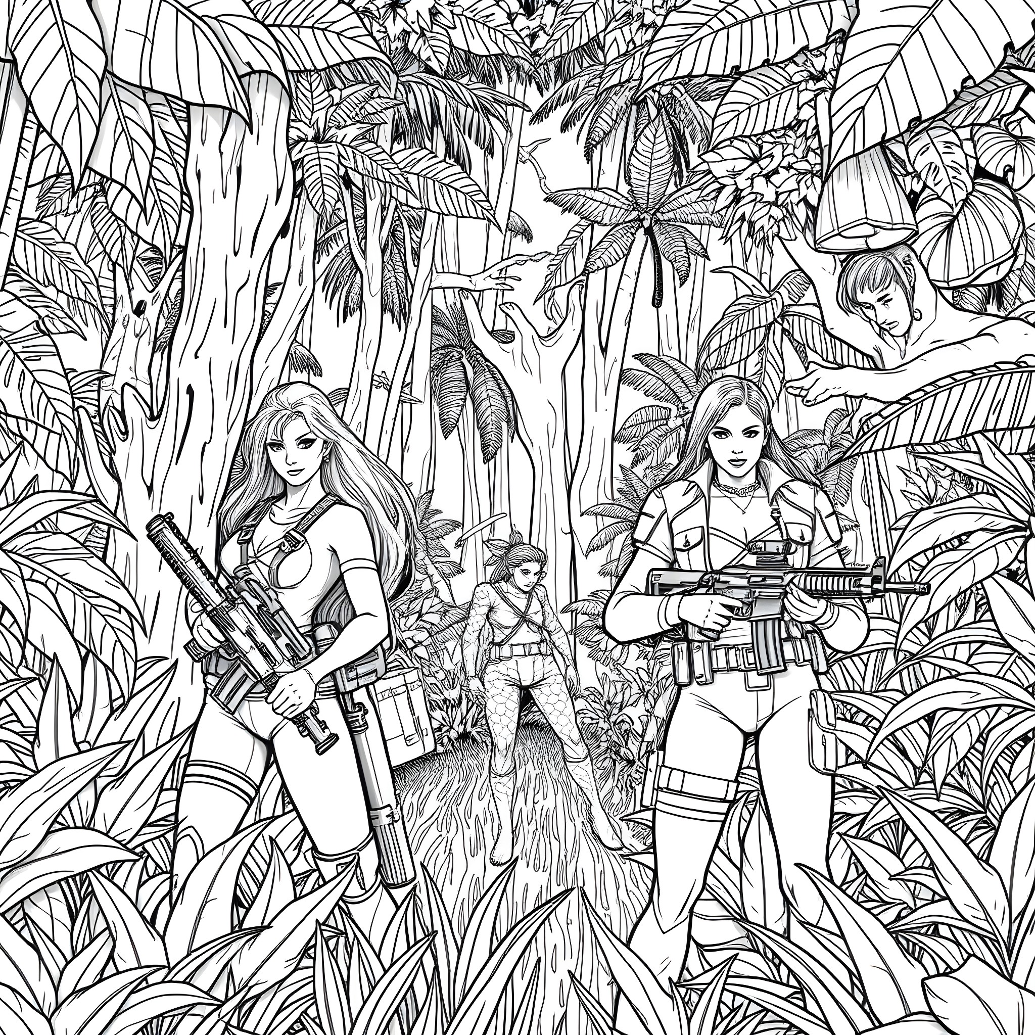 Girls on a jungle mission Coloring Page (free black-and-white line drawing printable PDF for all, from beginners to advanced learners, including children, teens, adults, and seniors)