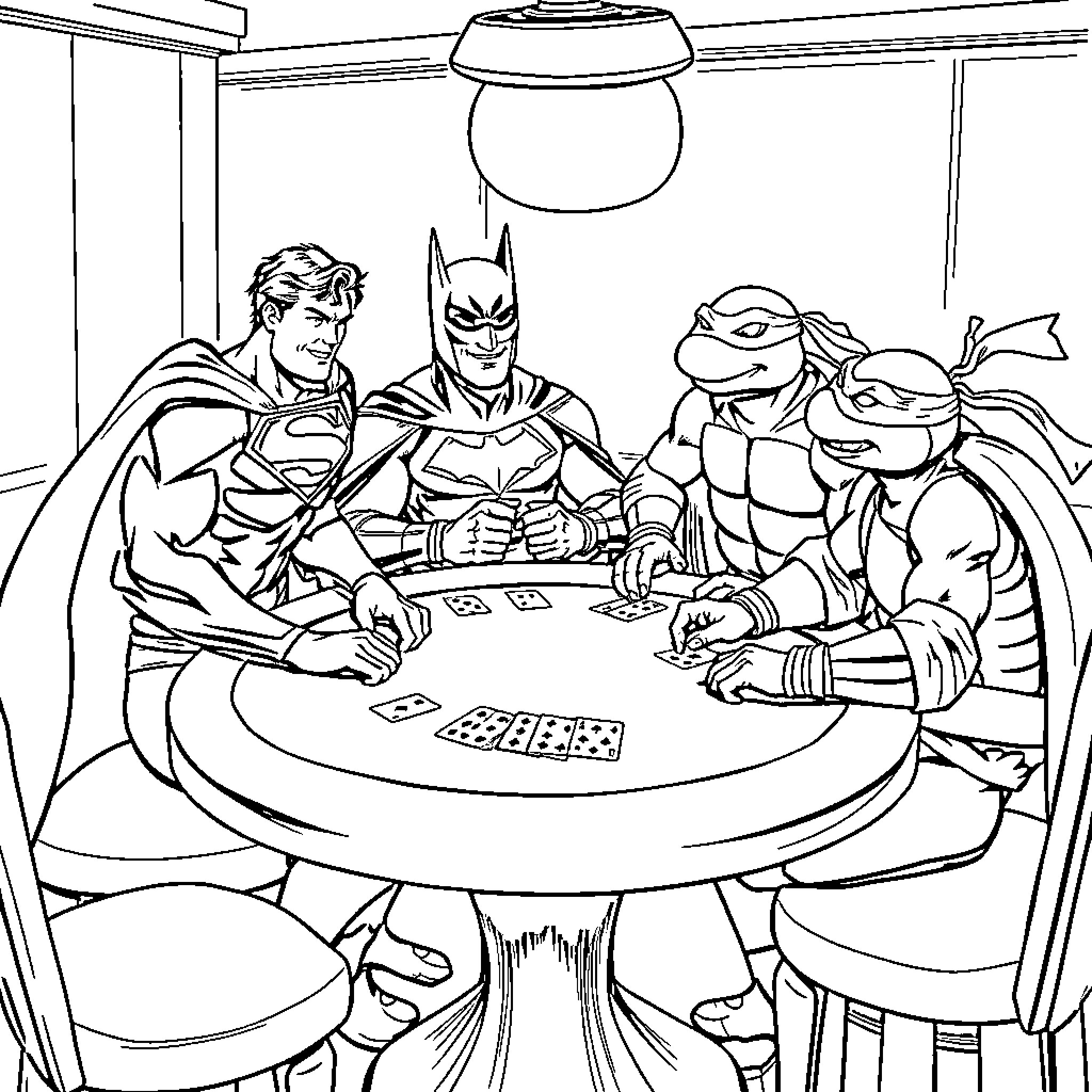 Superheroes Playing Cards Together Coloring Page (free black-and-white line drawing printable PDF for all, from beginners to advanced learners, including children, teens, adults, and seniors)