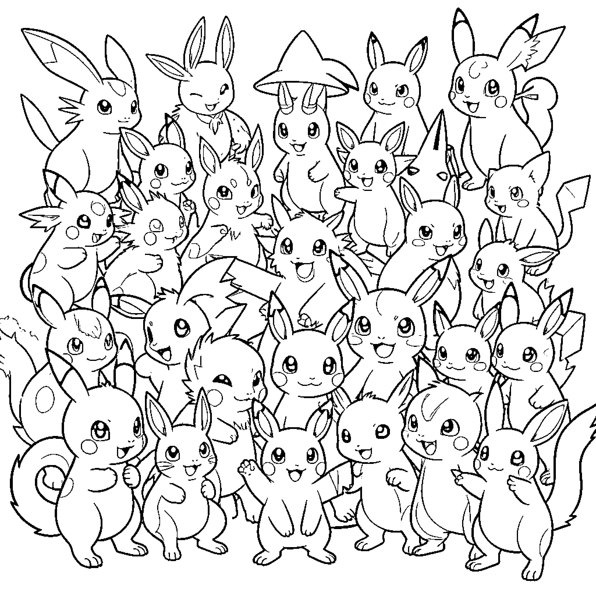 Pokémon gathering together in a large group Coloring Page (free black-and-white line drawing printable PDF for all, from beginners to advanced learners, including children, teens, adults, and seniors)