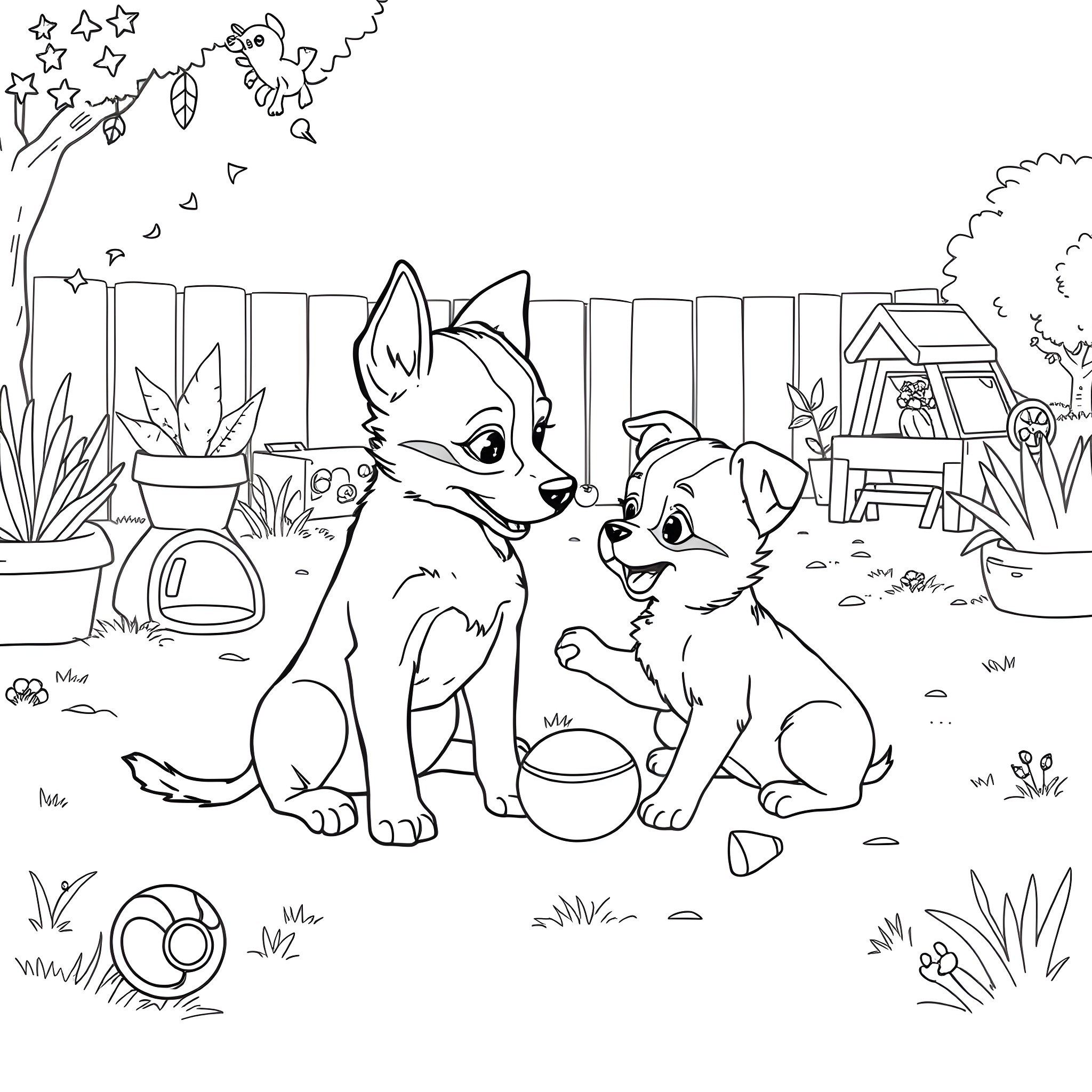 Bluey and Friends Playing in the Backyard Coloring Page (free black-and-white line drawing printable PDF for all, from beginners to advanced learners, including children, teens, adults, and seniors)