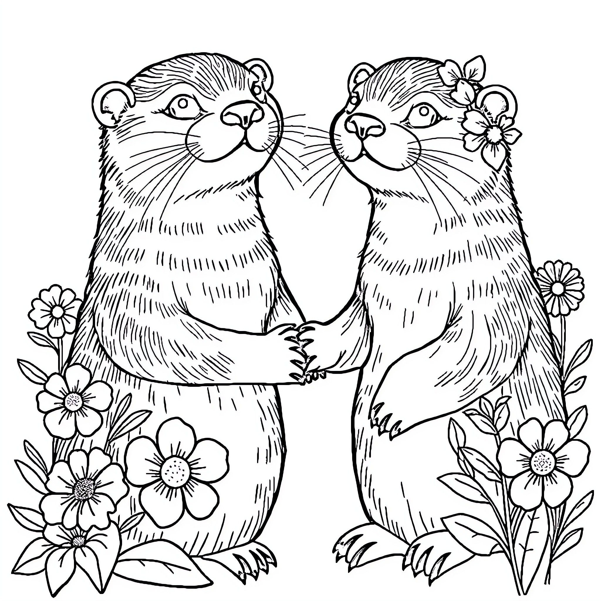 Otter couple surrounded by flowers Coloring Page (free black-and-white line drawing printable PDF for all, from beginners to advanced learners, including children, teens, adults, and seniors)