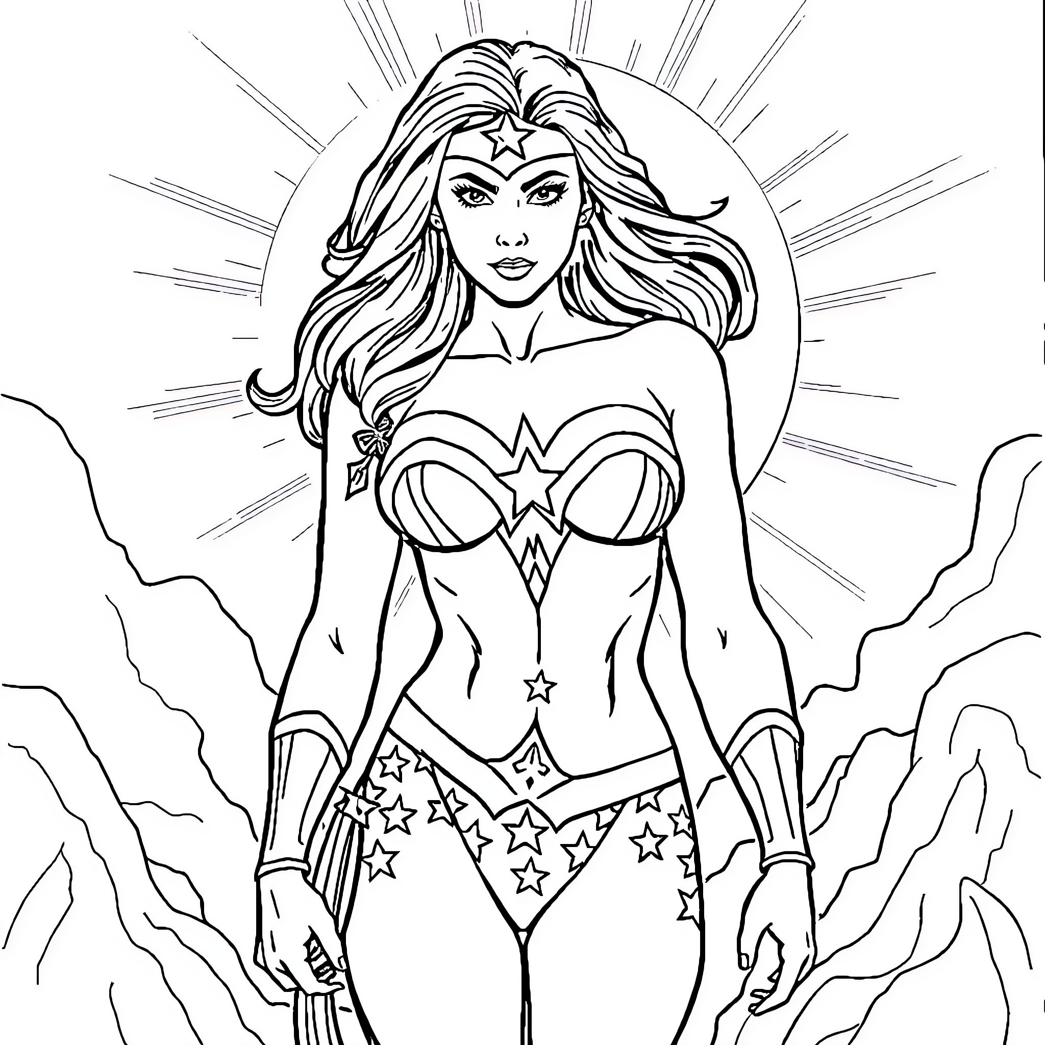 Wonder Woman in heroic pose with stars and lightning Coloring Page (free black-and-white line drawing printable PDF for all, from beginners to advanced learners, including children, teens, adults, and seniors)