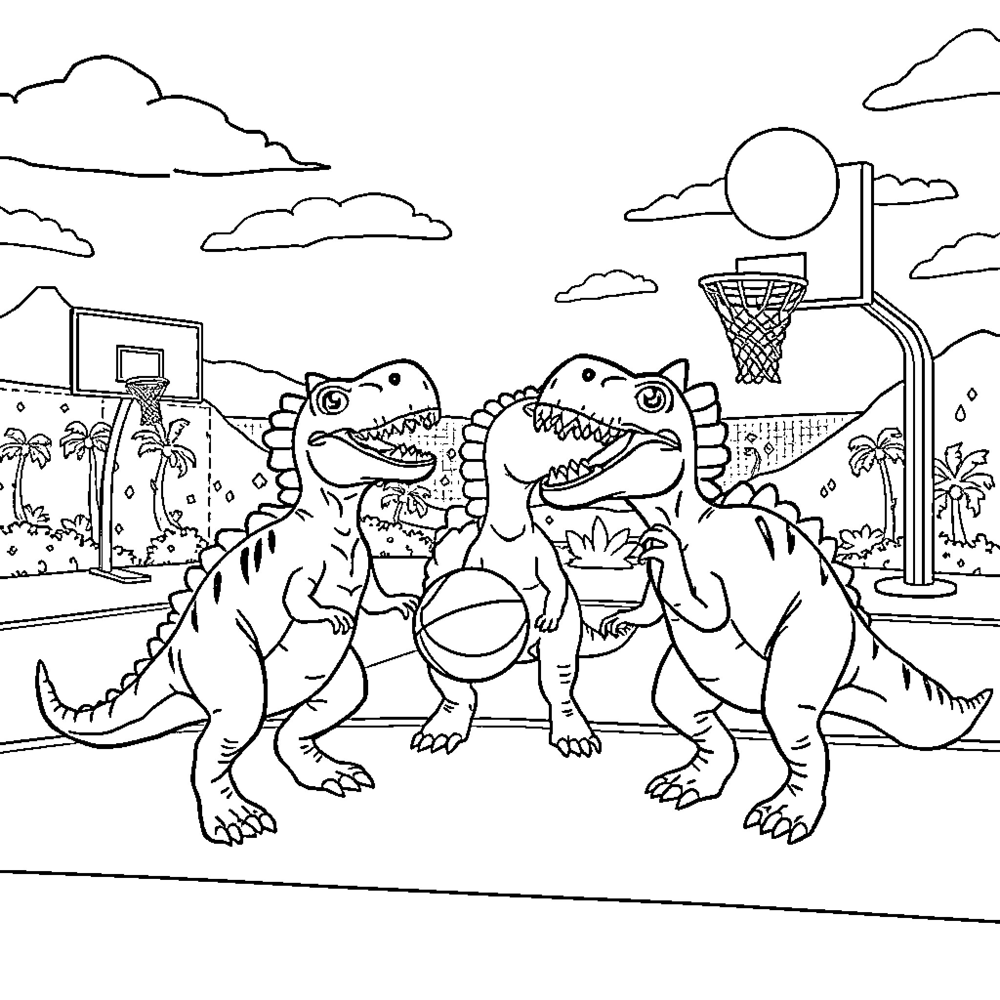 Dinosaurs playing basketball on the court Coloring Page (free black-and-white line drawing printable PDF for all, from beginners to advanced learners, including children, teens, adults, and seniors)