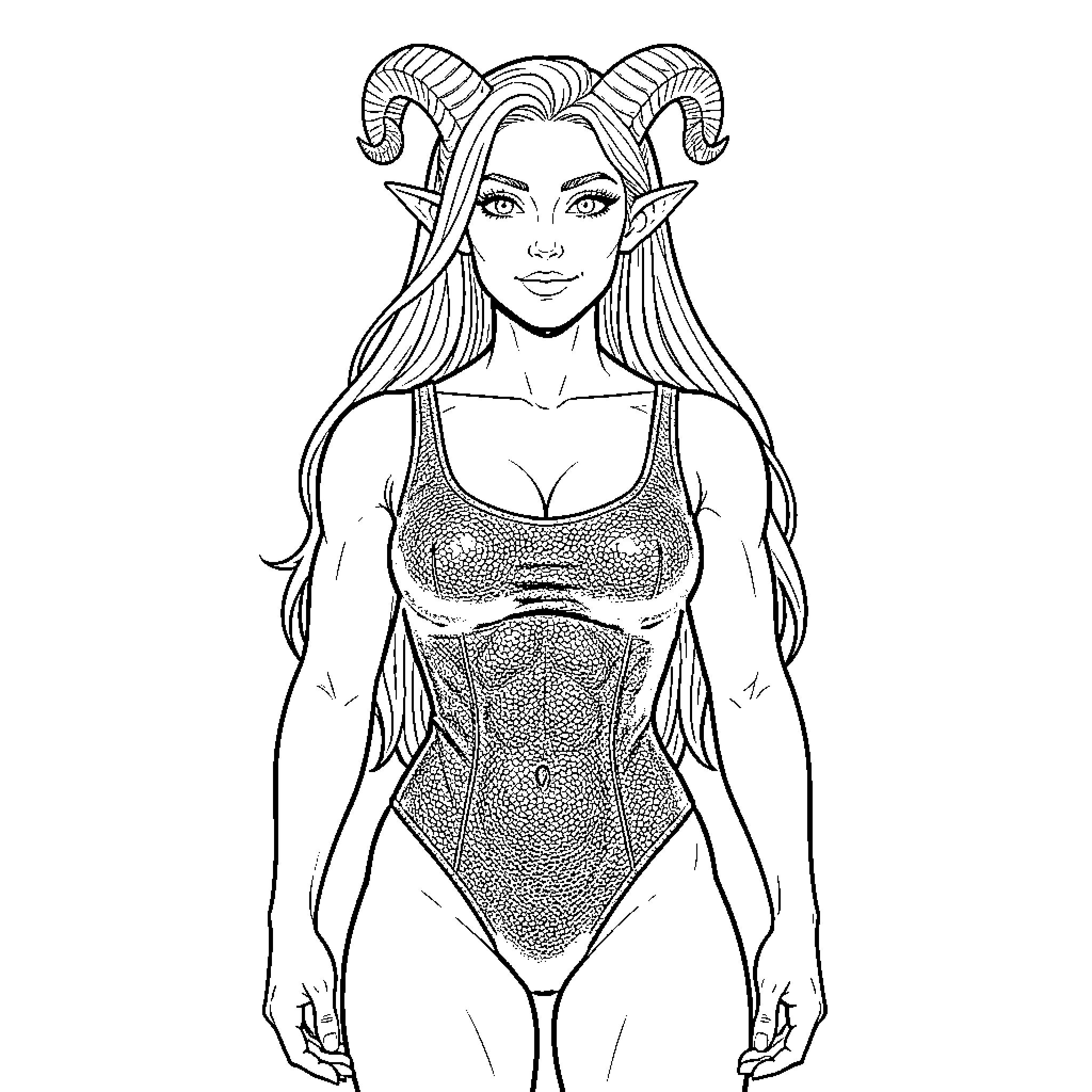 Amazonian horned woman standing with a confident expression Coloring Page (free black-and-white line drawing printable PDF for all, from beginners to advanced learners, including children, teens, adults, and seniors)