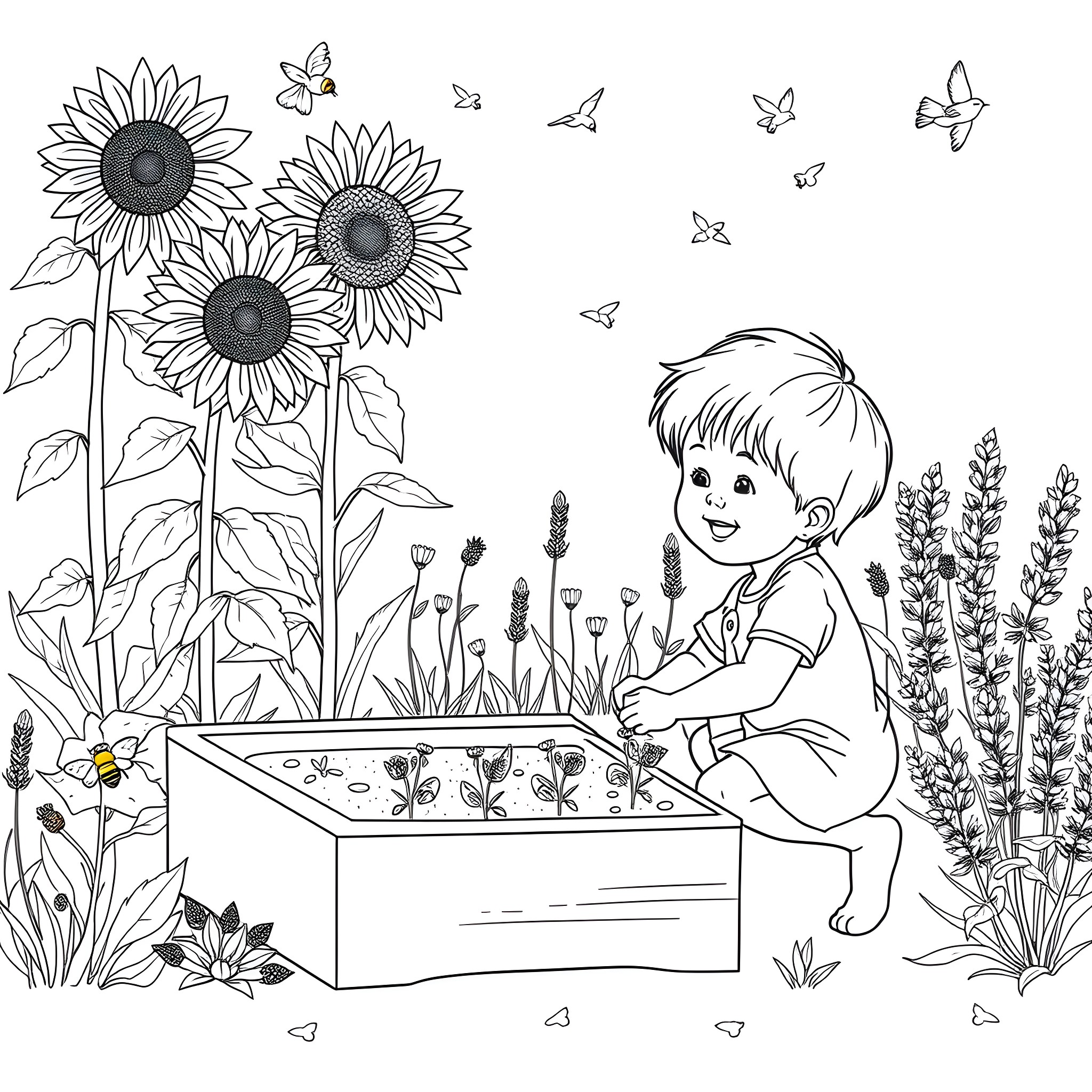 Child exploring nature's wonders in the garden Coloring Page (free black-and-white line drawing printable PDF for all, from beginners to advanced learners, including children, teens, adults, and seniors)