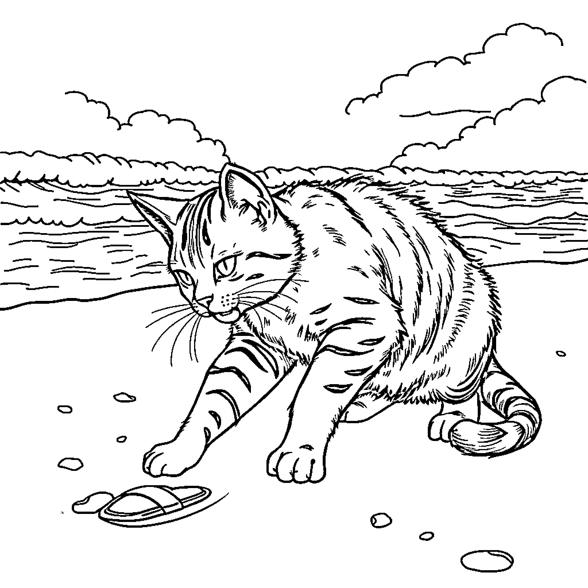 Cat exploring the shore near the ocean Coloring Page (free black-and-white line drawing printable PDF for all, from beginners to advanced learners, including children, teens, adults, and seniors)