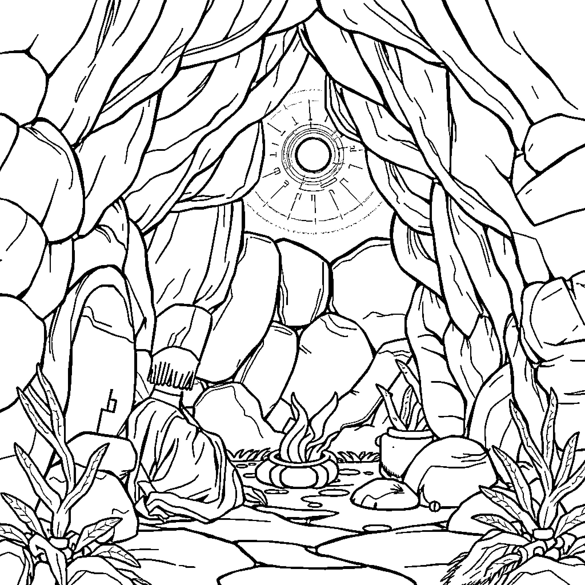 Biblical scene of divine celestial light in the cave Coloring Page (free black-and-white line drawing printable PDF for all, from beginners to advanced learners, including children, teens, adults, and seniors)