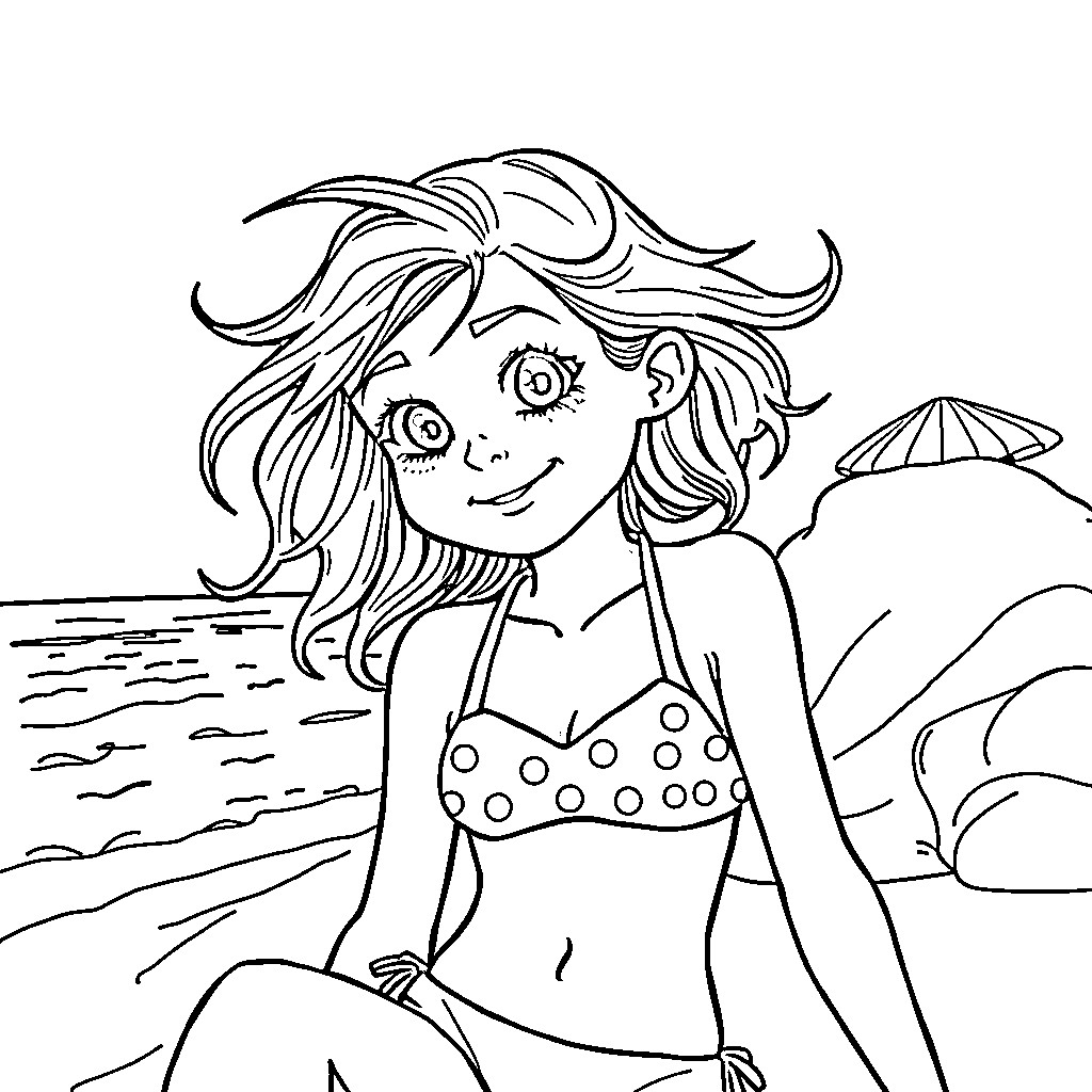 Girl in polka dot swimsuit enjoys beach day Coloring Page (free black-and-white line drawing printable PDF for all, from beginners to advanced learners, including children, teens, adults, and seniors)