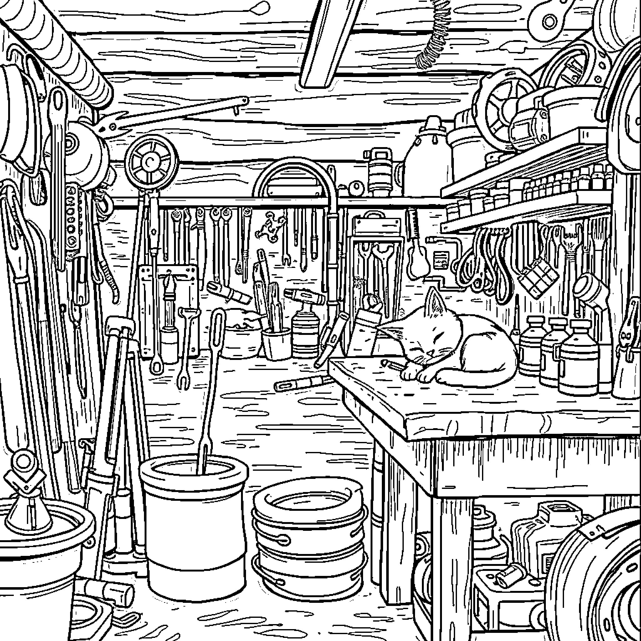 Cat resting in the cluttered workshop Coloring Page (free black-and-white line drawing printable PDF for all, from beginners to advanced learners, including children, teens, adults, and seniors)