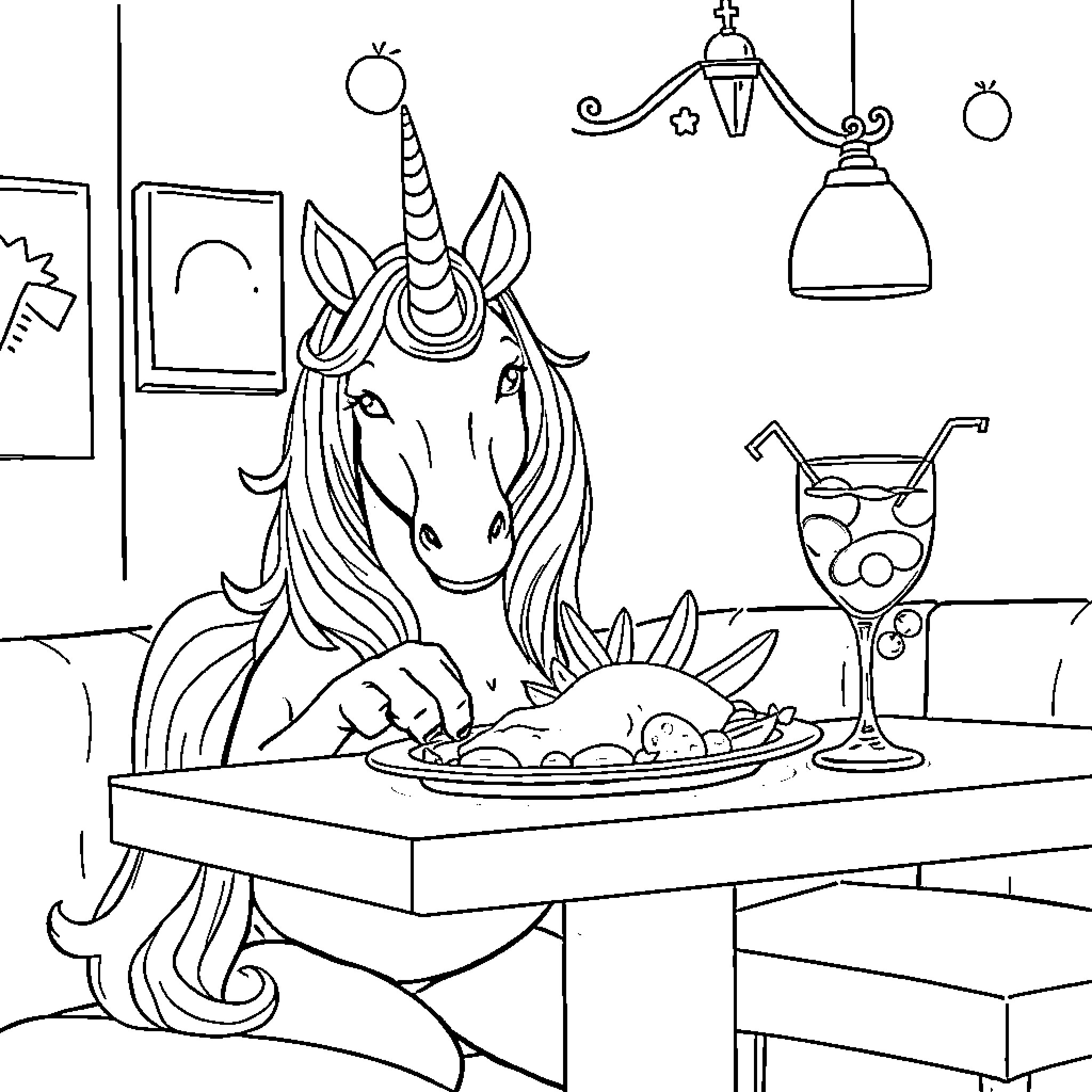 Unicorn enjoying a delightful meal at the table Coloring Page (free black-and-white line drawing printable PDF for all, from beginners to advanced learners, including children, teens, adults, and seniors)