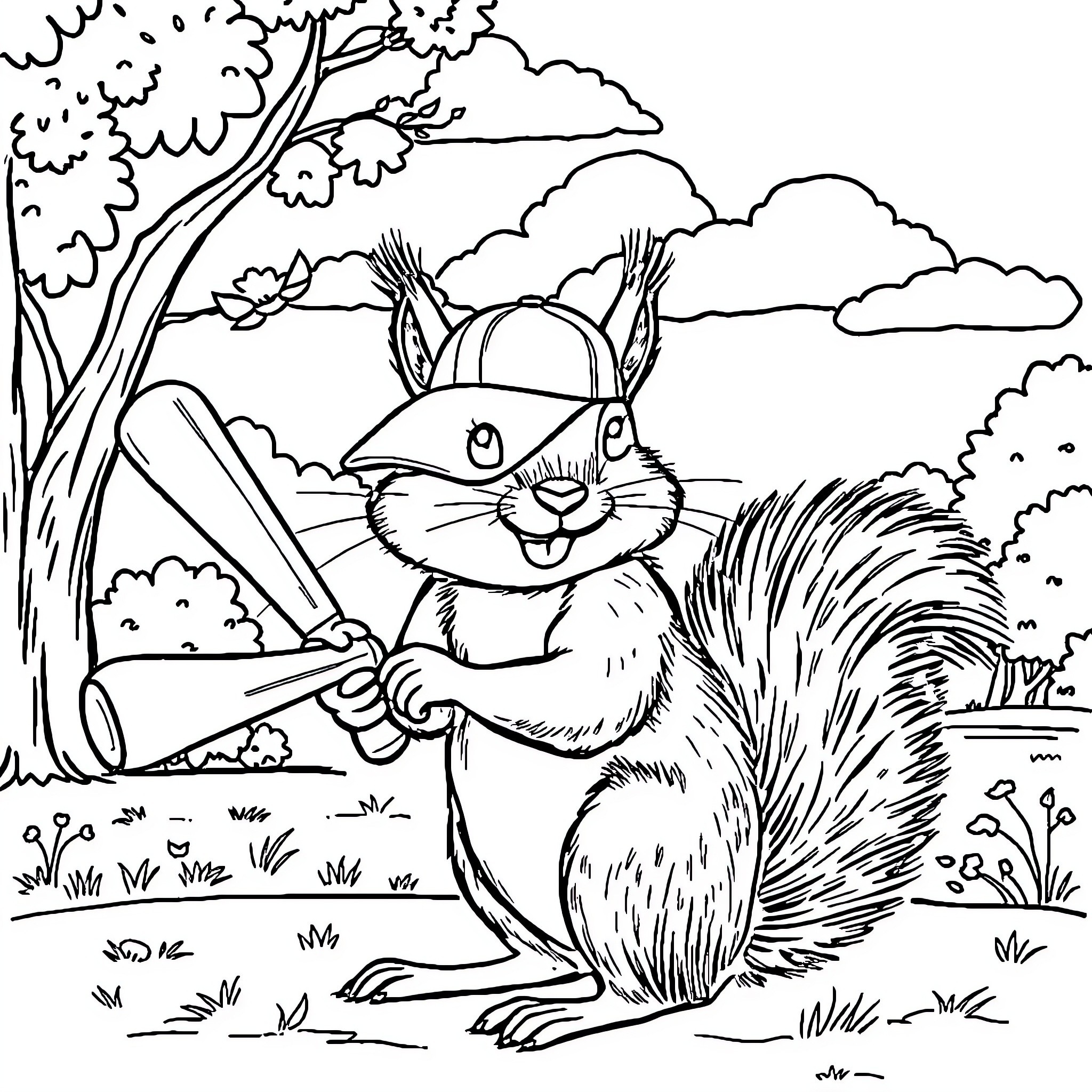 Squirrel collecting nuts in the forest Coloring Page (free black-and-white line drawing printable PDF for all, from beginners to advanced learners, including children, teens, adults, and seniors)