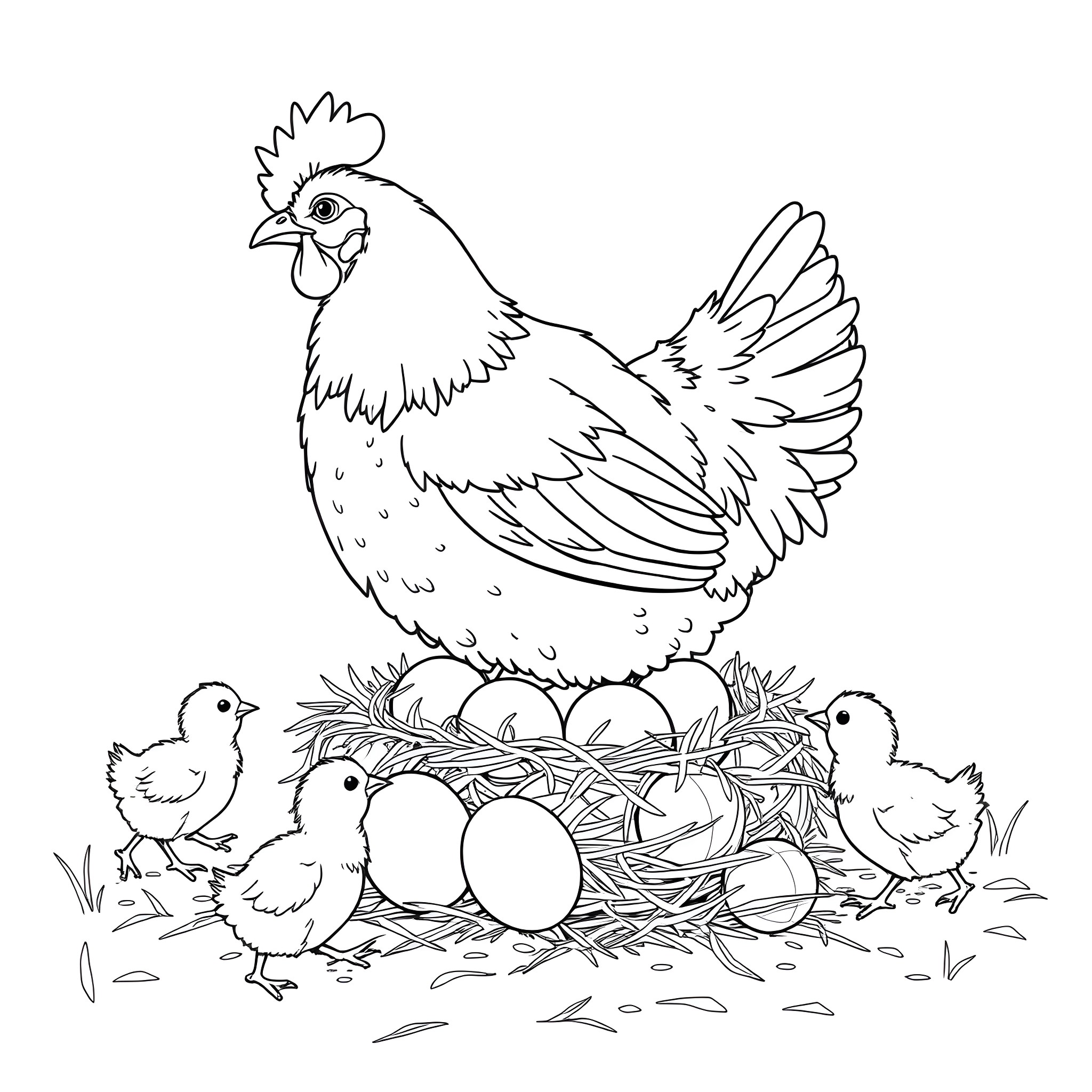Chicken and chicks in a nest with eggs Coloring Page (free black-and-white line drawing printable PDF for all, from beginners to advanced learners, including children, teens, adults, and seniors)