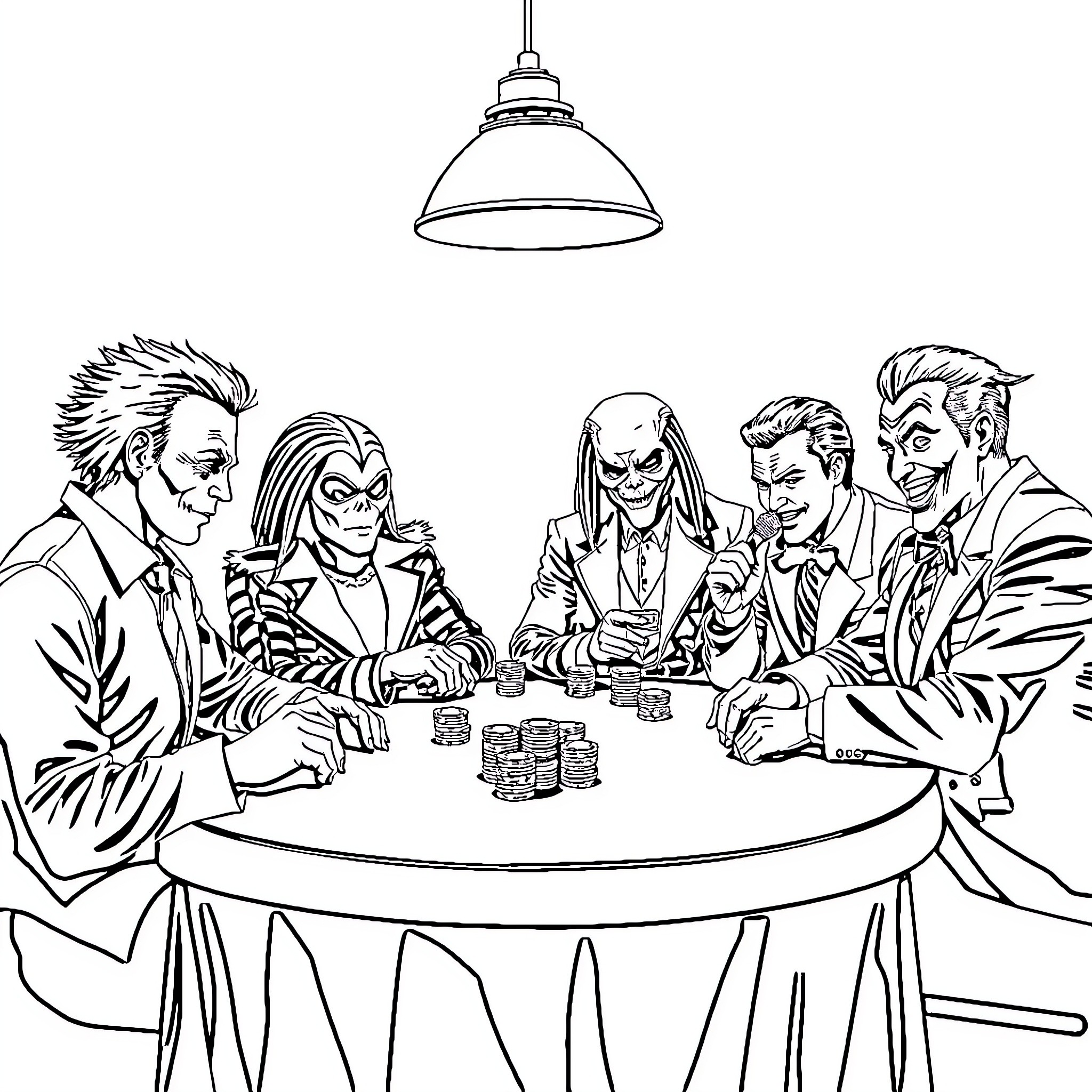 Michael Myers playing poker with fellow villains Coloring Page (free black-and-white line drawing printable PDF for all, from beginners to advanced learners, including children, teens, adults, and seniors)