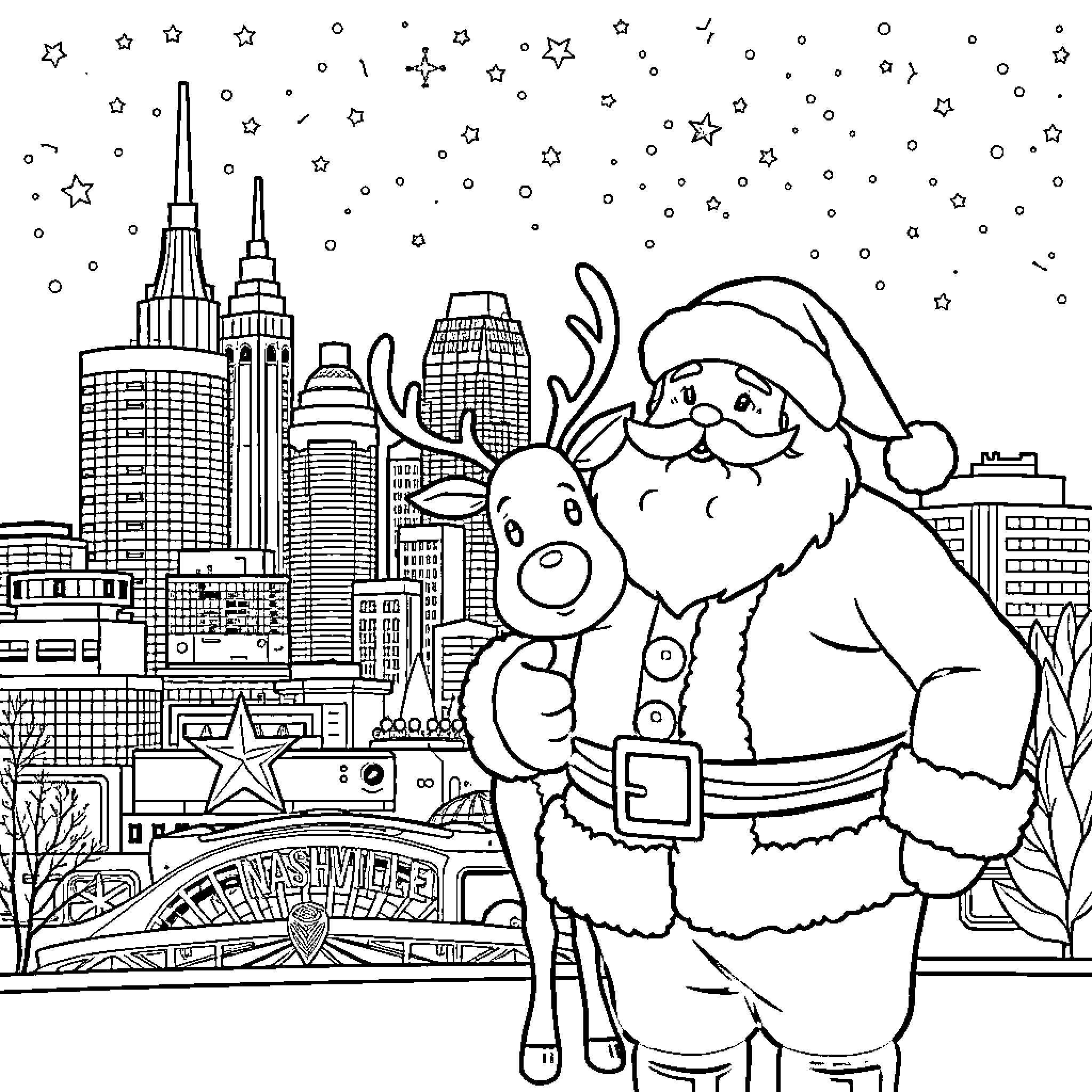 Santa Visiting the City at Night Coloring Page (free black-and-white line drawing printable PDF for all, from beginners to advanced learners, including children, teens, adults, and seniors)