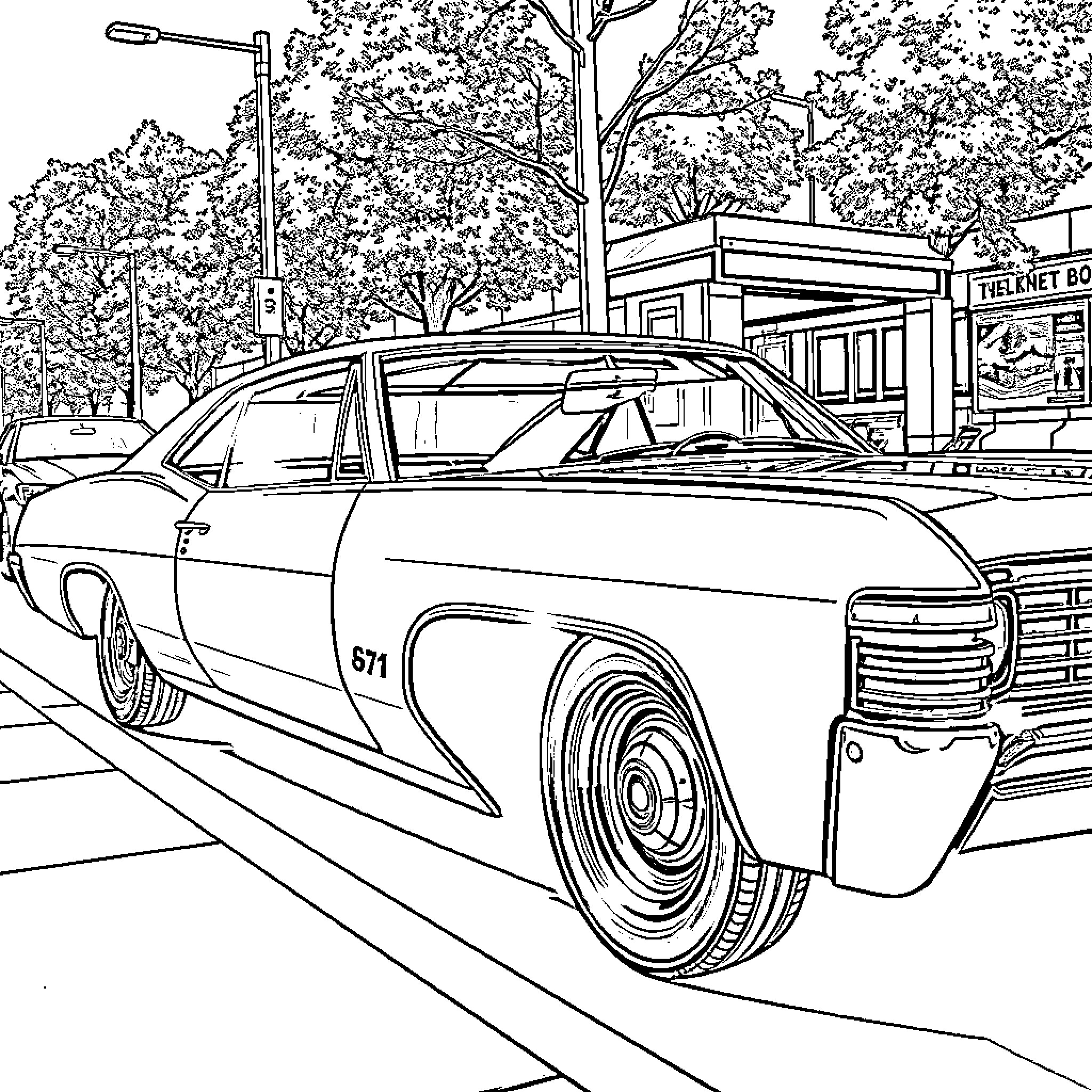 Chevy classic car on city street Coloring Page (free black-and-white line drawing printable PDF for all, from beginners to advanced learners, including children, teens, adults, and seniors)