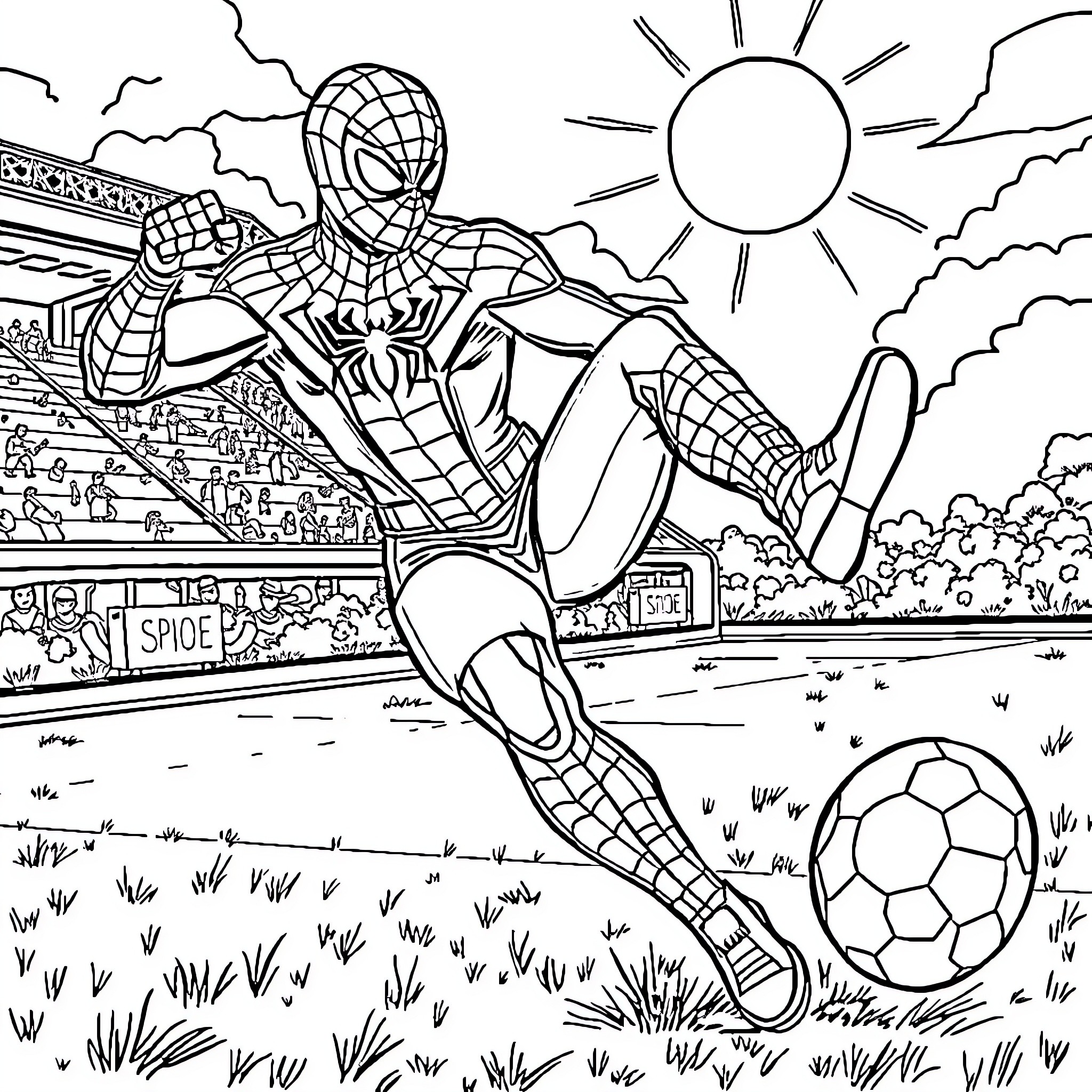 Spiderman kicking a soccer ball on a sunny day Coloring Page (free black-and-white line drawing printable PDF for all, from beginners to advanced learners, including children, teens, adults, and seniors)