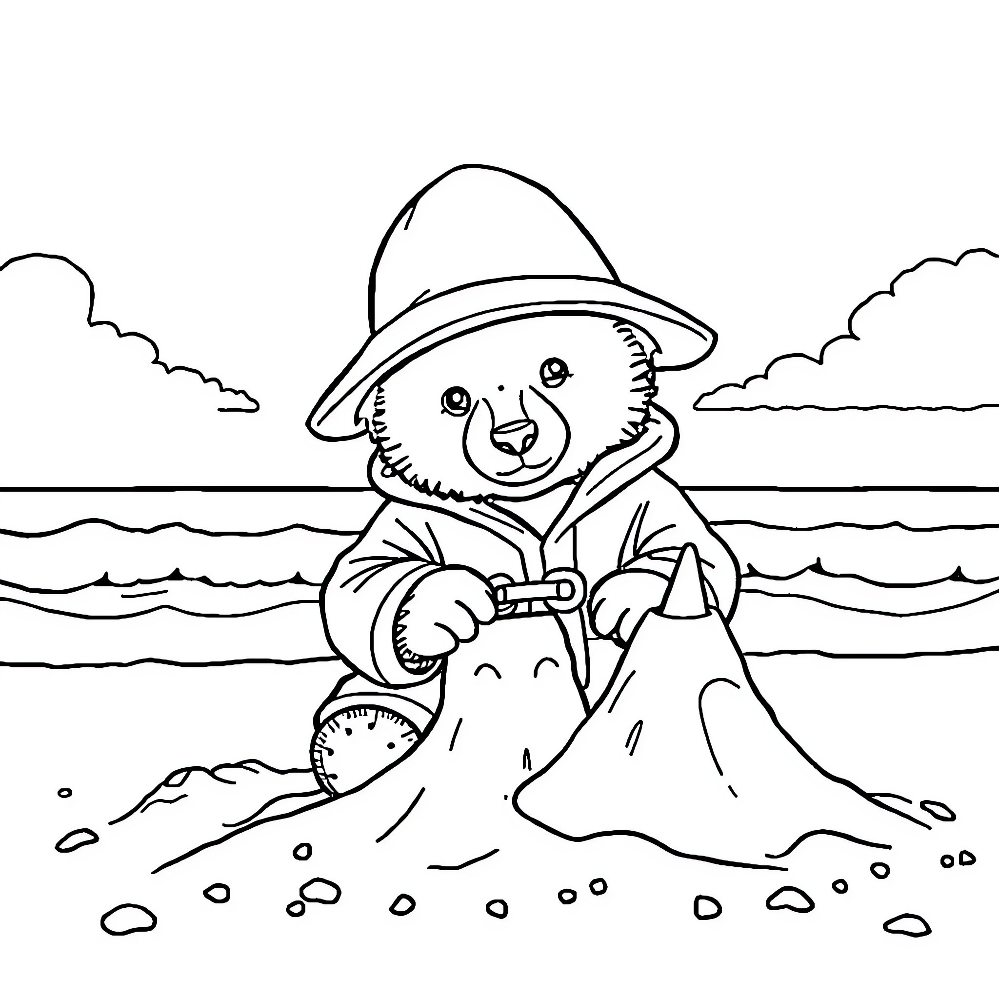 Paddington Bear exploring the beach with his belongings Coloring Page (free black-and-white line drawing printable PDF for all, from beginners to advanced learners, including children, teens, adults, and seniors)