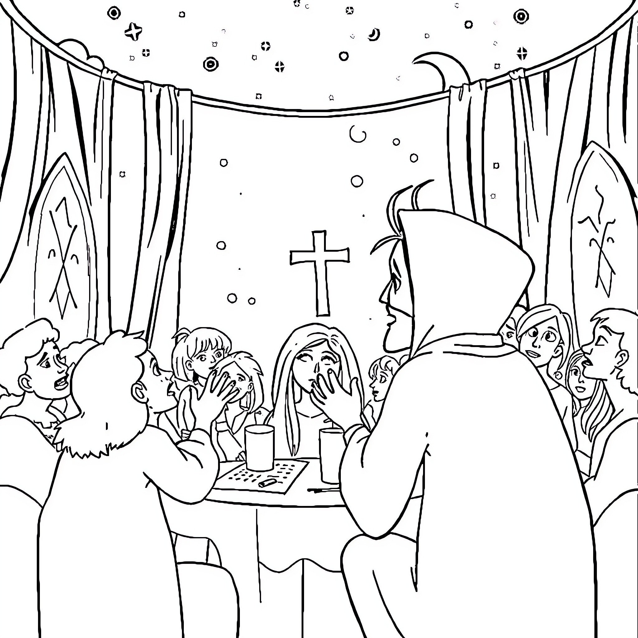 Midnight Gospel: Congregation in Worship at Church Coloring Page (free black-and-white line drawing printable PDF for all, from beginners to advanced learners, including children, teens, adults, and seniors)