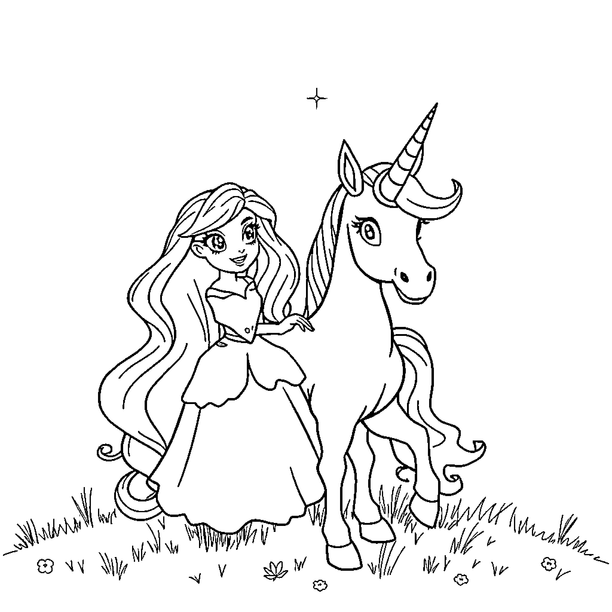 Princess and her Magical Unicorn in the Meadow Coloring Page (free black-and-white line drawing printable PDF for all, from beginners to advanced learners, including children, teens, adults, and seniors)