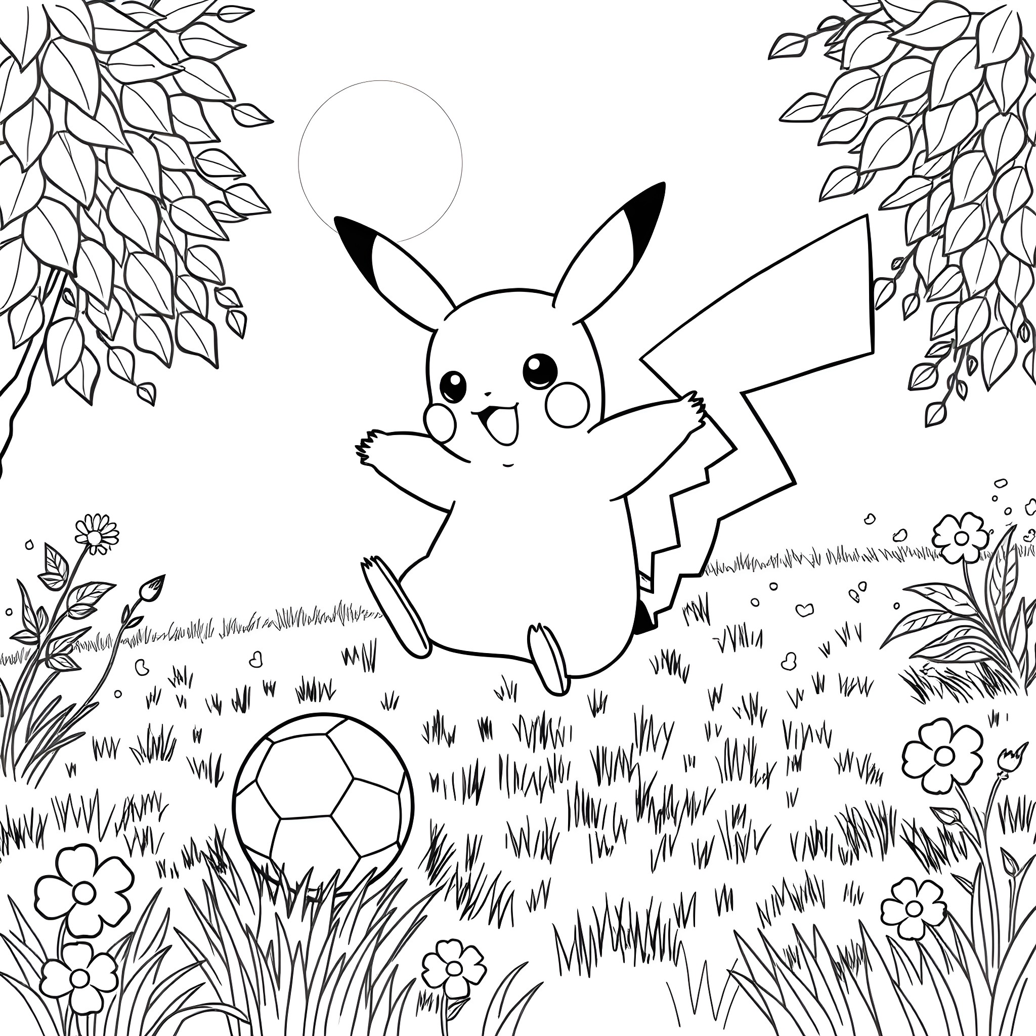 Pikachu Playing with a Soccer Ball in the Forest Coloring Page (free black-and-white line drawing printable PDF for all, from beginners to advanced learners, including children, teens, adults, and seniors)