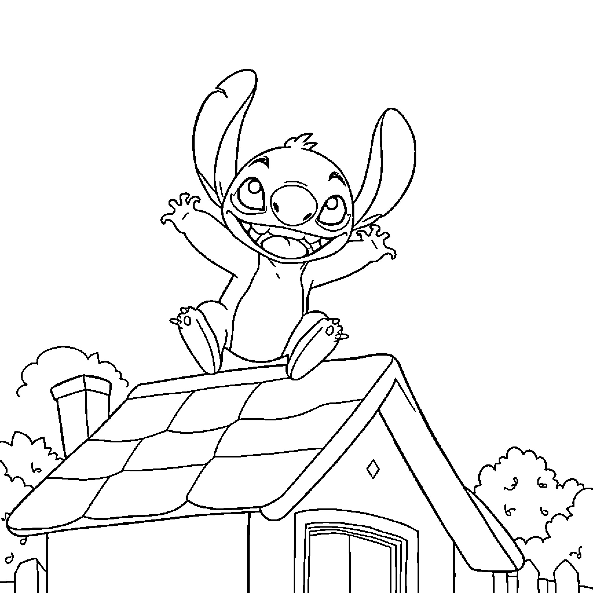 Stitch gleefully exploring the neighborhood Coloring Page (free black-and-white line drawing printable PDF for all, from beginners to advanced learners, including children, teens, adults, and seniors)
