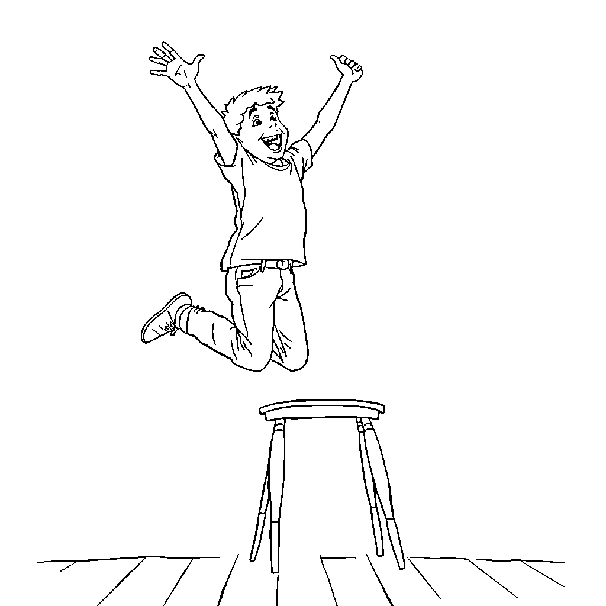 Person joyfully jumping on a stool Coloring Page (free black-and-white line drawing printable PDF for all, from beginners to advanced learners, including children, teens, adults, and seniors)