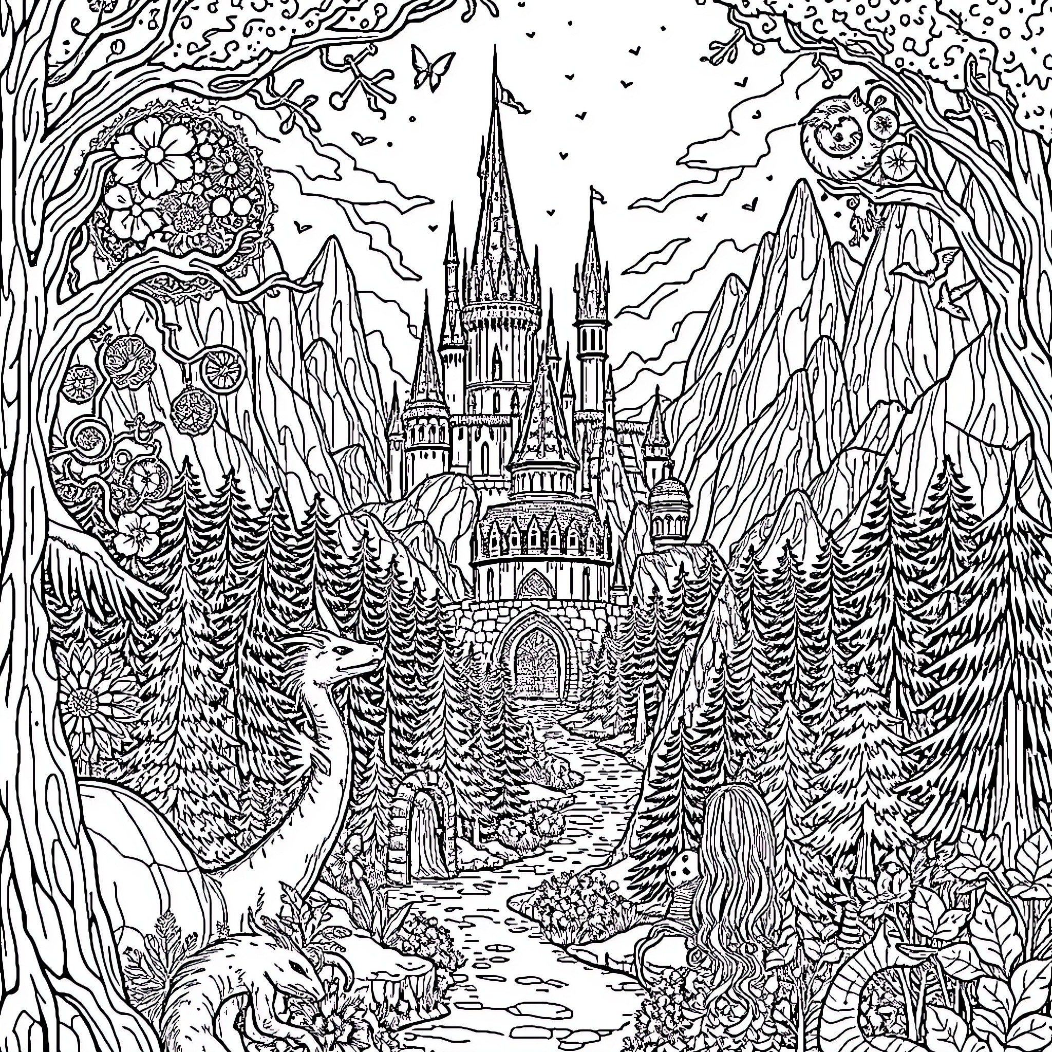 Fantasy World of Enchanted Castle and Whimsical Creatures Coloring Page (free black-and-white line drawing printable PDF for all, from beginners to advanced learners, including children, teens, adults, and seniors)