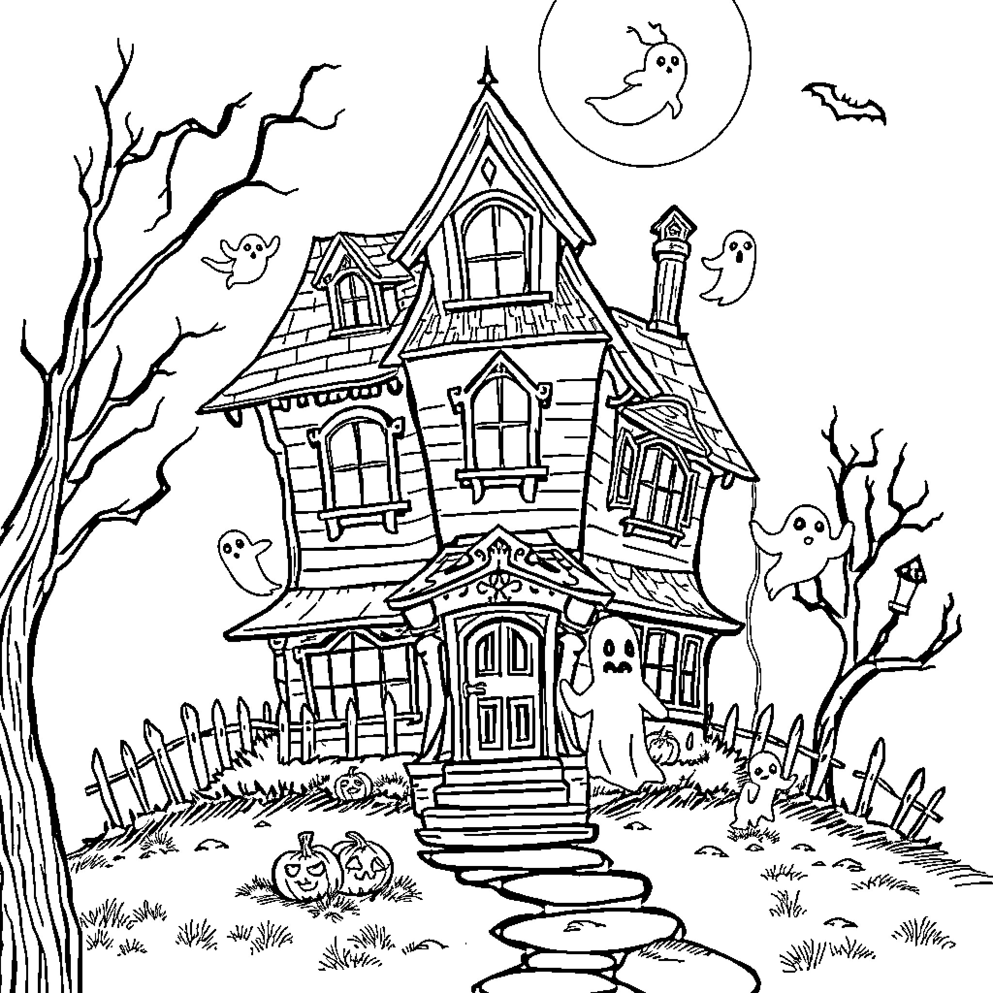 Haunted House with Ghostly Figures and Eerie Atmosphere Coloring Page (free black-and-white line drawing printable PDF for all, from beginners to advanced learners, including children, teens, adults, and seniors)