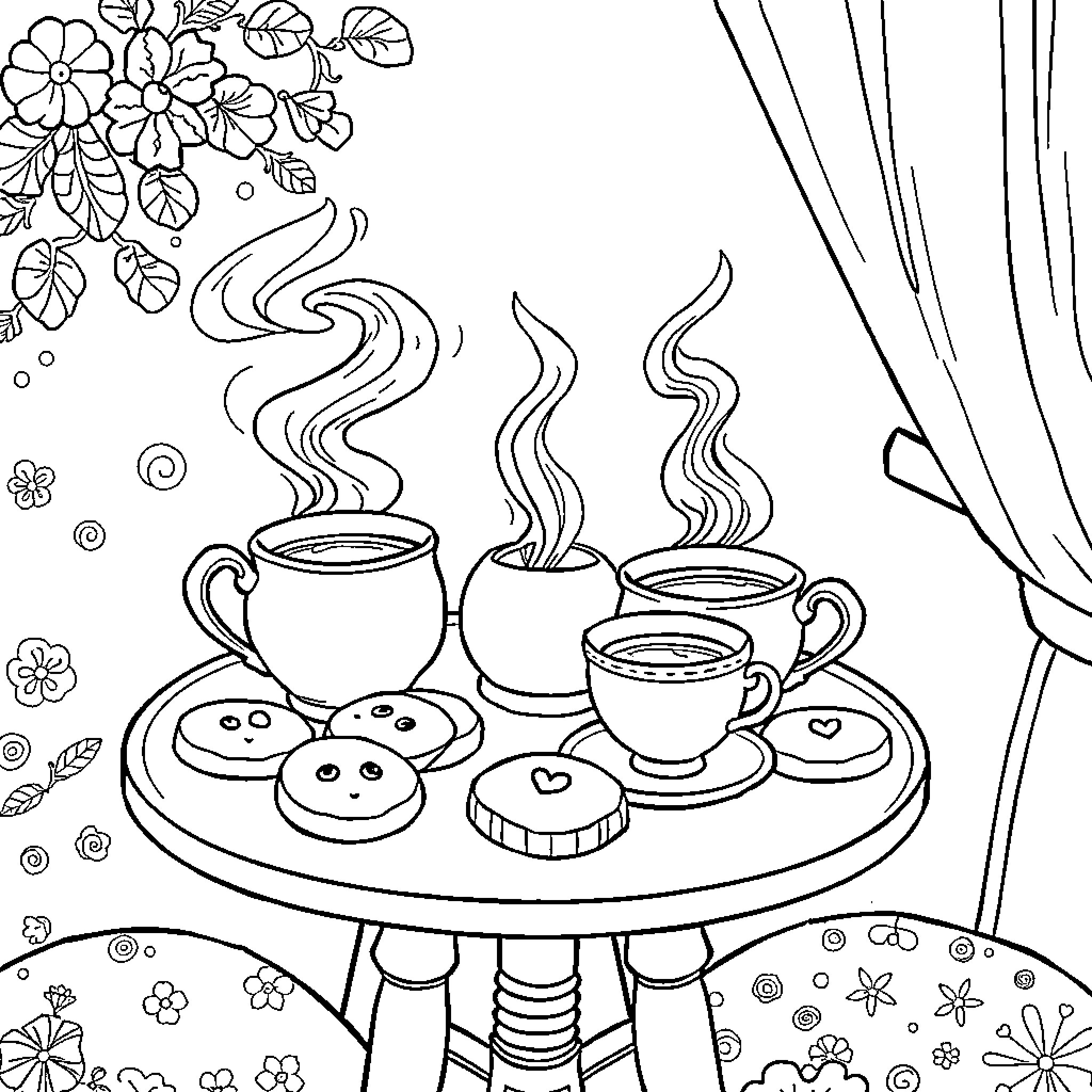Tea time with treats and floral accents Coloring Page (free black-and-white line drawing printable PDF for all, from beginners to advanced learners, including children, teens, adults, and seniors)