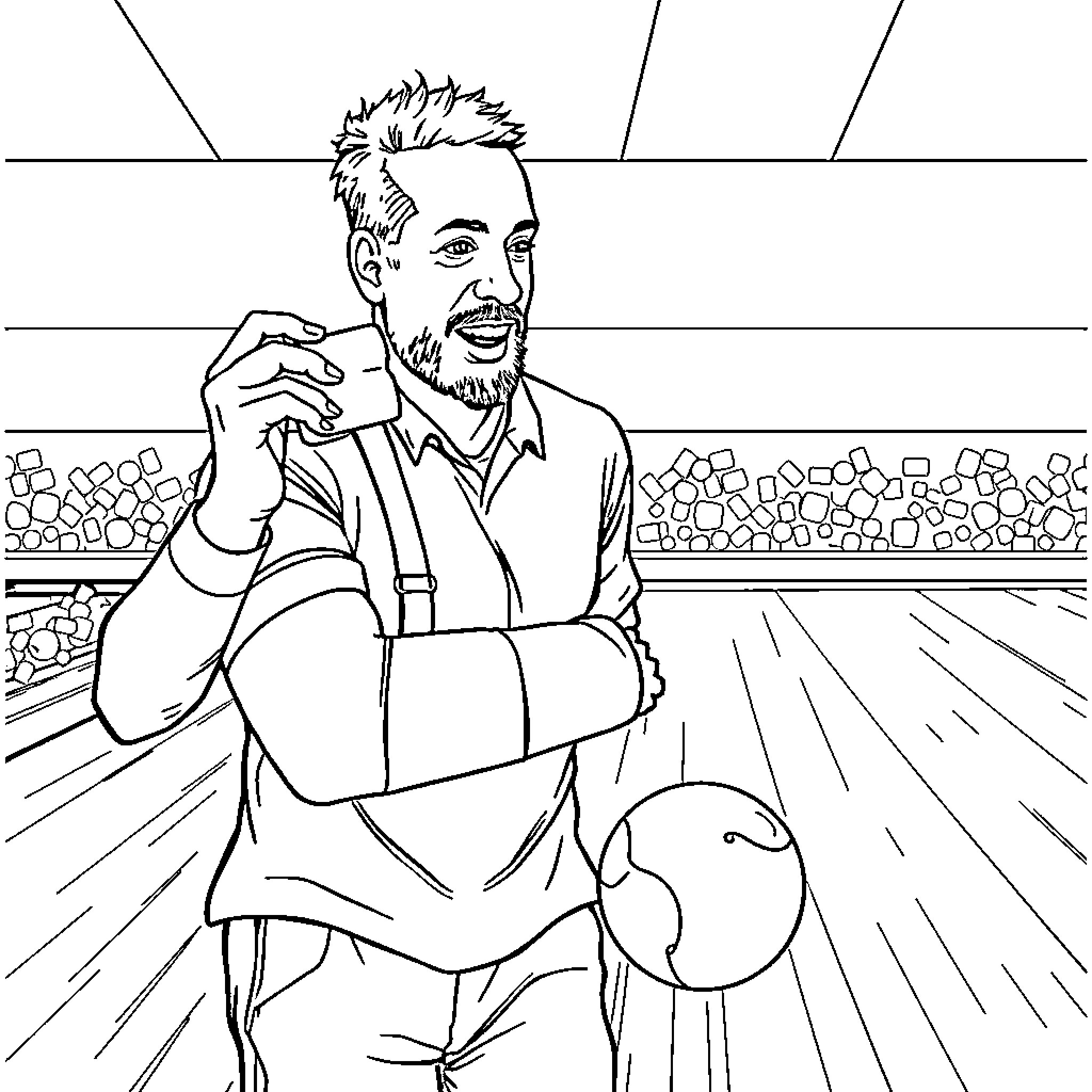 Man enjoying beverage at bar counter Coloring Page (free black-and-white line drawing printable PDF for all, from beginners to advanced learners, including children, teens, adults, and seniors)