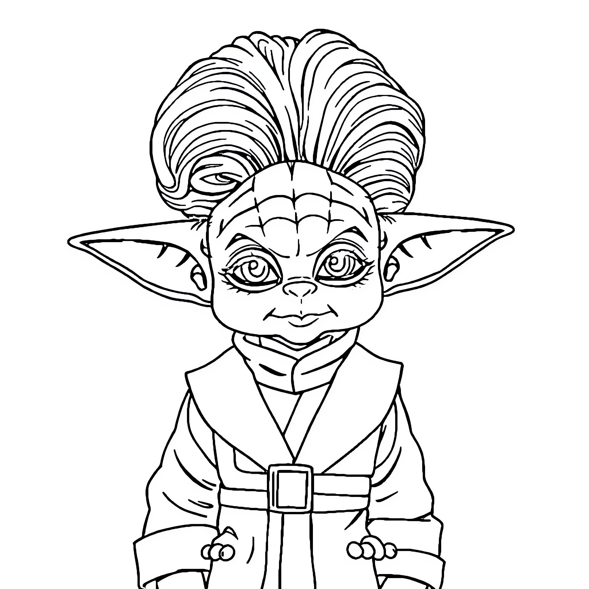Yoda in playful meditation pose Coloring Page (free black-and-white line drawing printable PDF for all, from beginners to advanced learners, including children, teens, adults, and seniors)