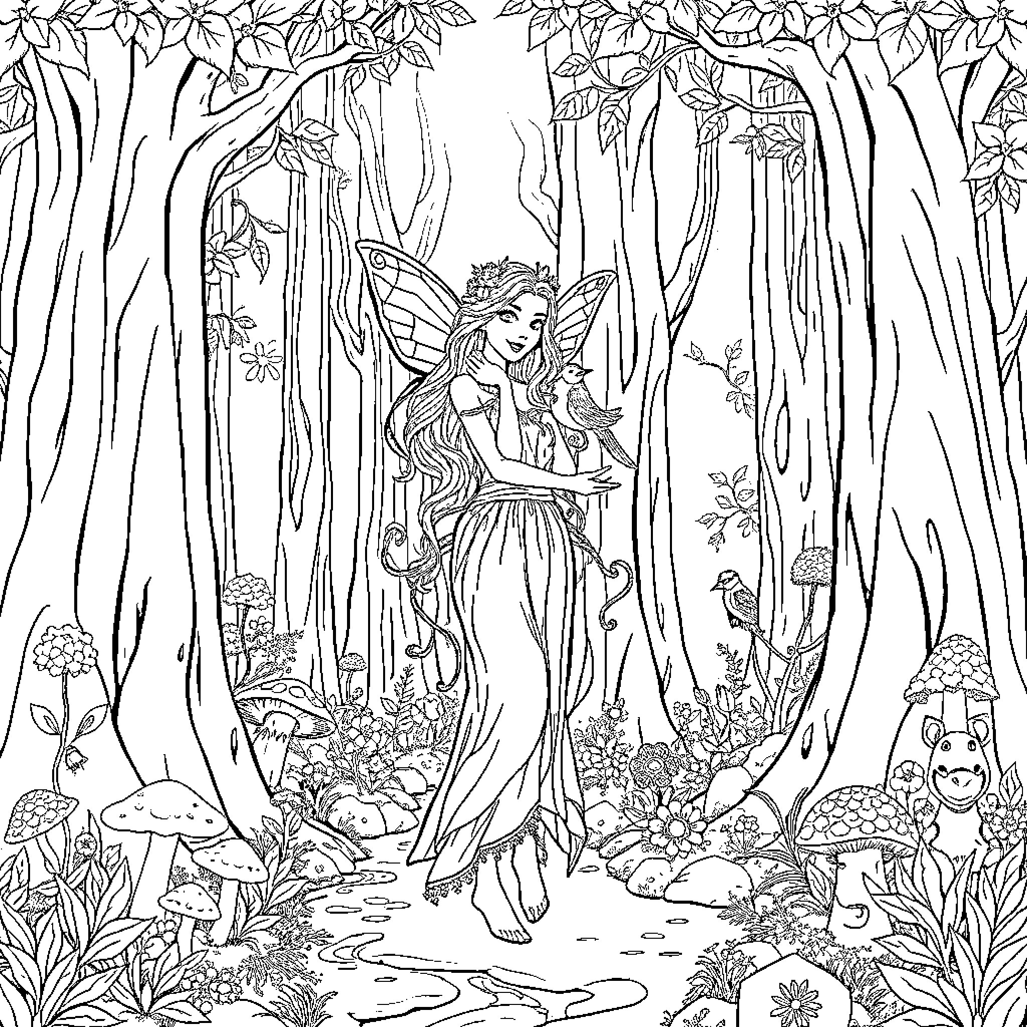 Fairy Enchantress in the Enchanted Forest Coloring Page (free black-and-white line drawing printable PDF for all, from beginners to advanced learners, including children, teens, adults, and seniors)