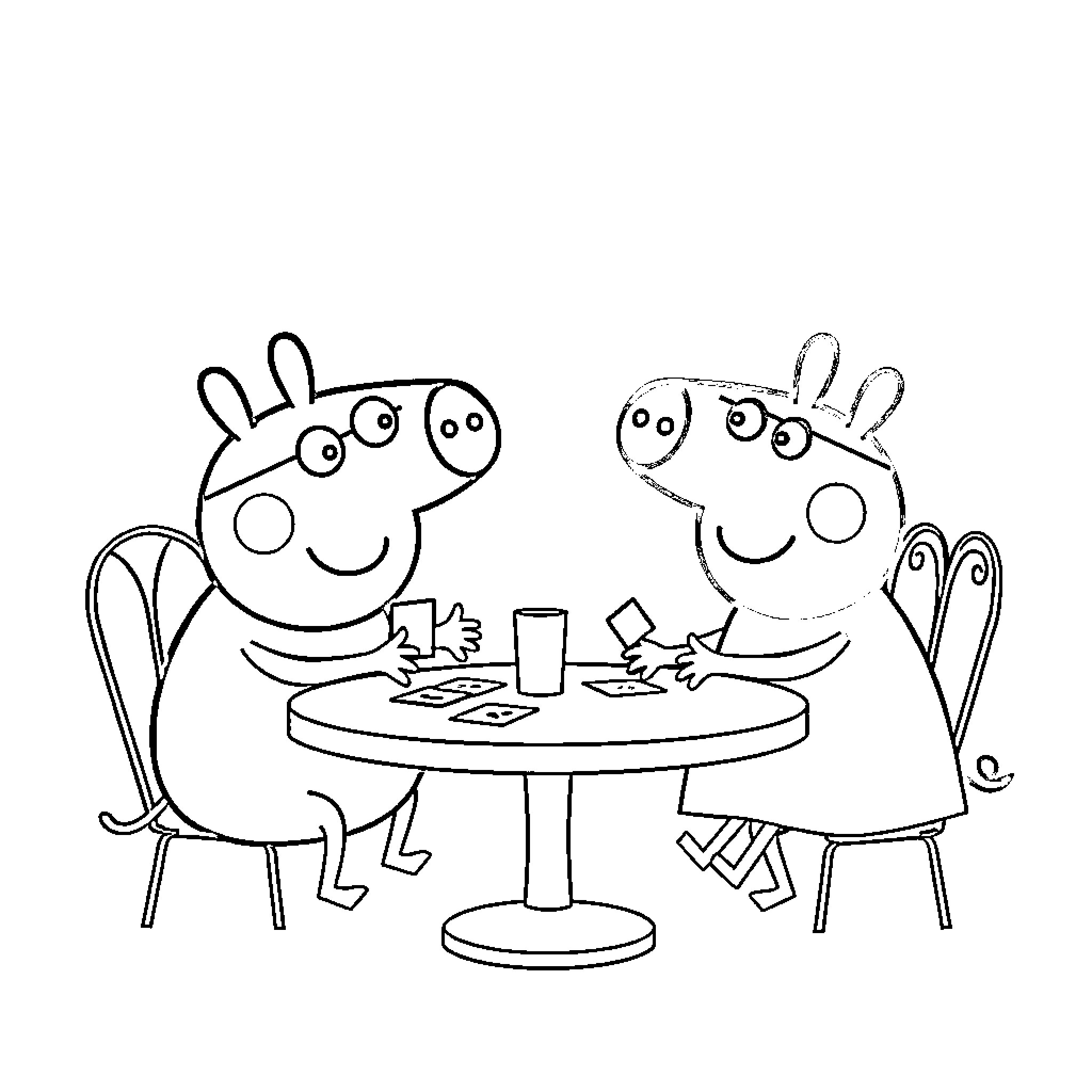Bluey and Peppa Enjoying Dinner Together Coloring Page (free black-and-white line drawing printable PDF for all, from beginners to advanced learners, including children, teens, adults, and seniors)