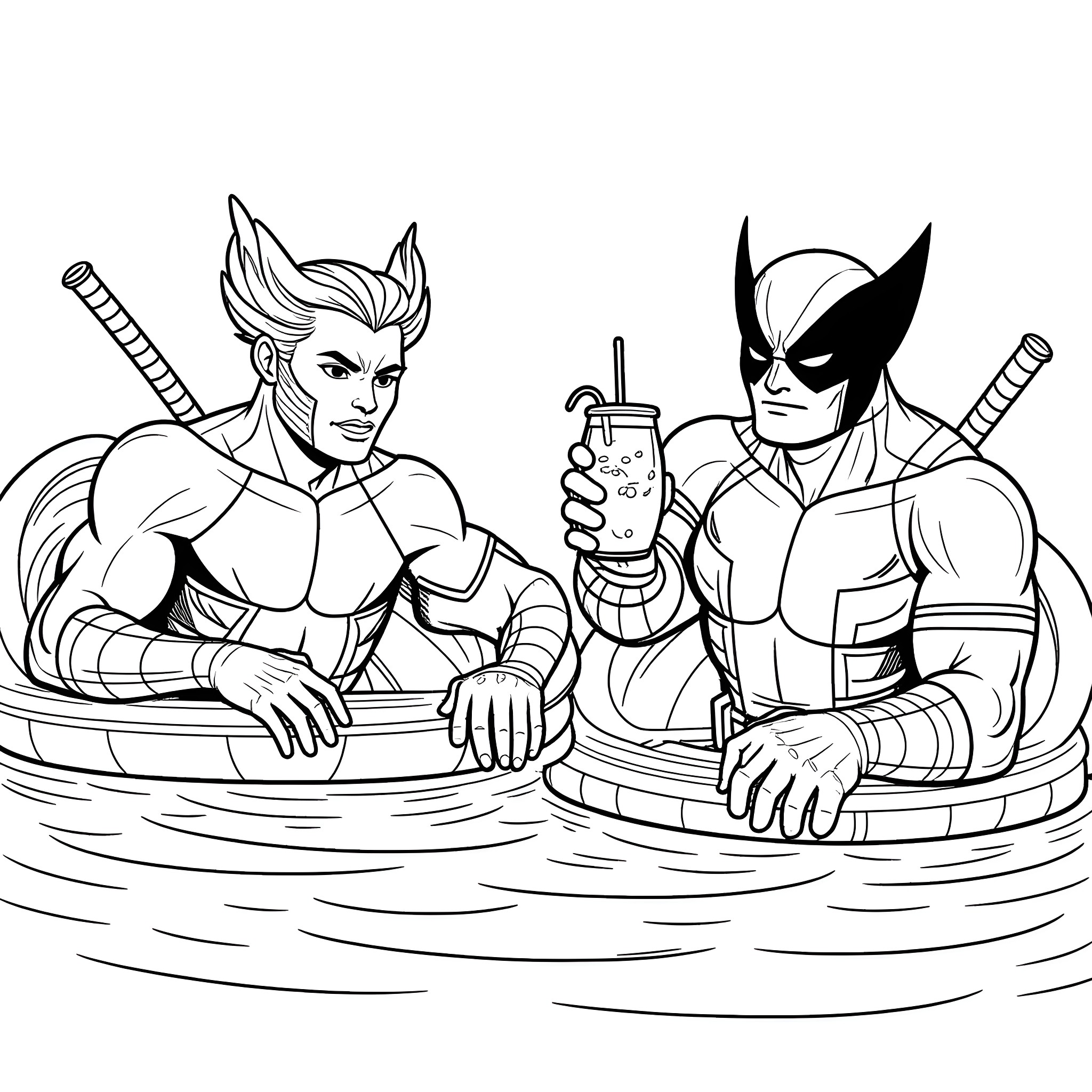 Wolverine and Superhero Companions Relax in Water Coloring Page (free black-and-white line drawing printable PDF for all, from beginners to advanced learners, including children, teens, adults, and seniors)