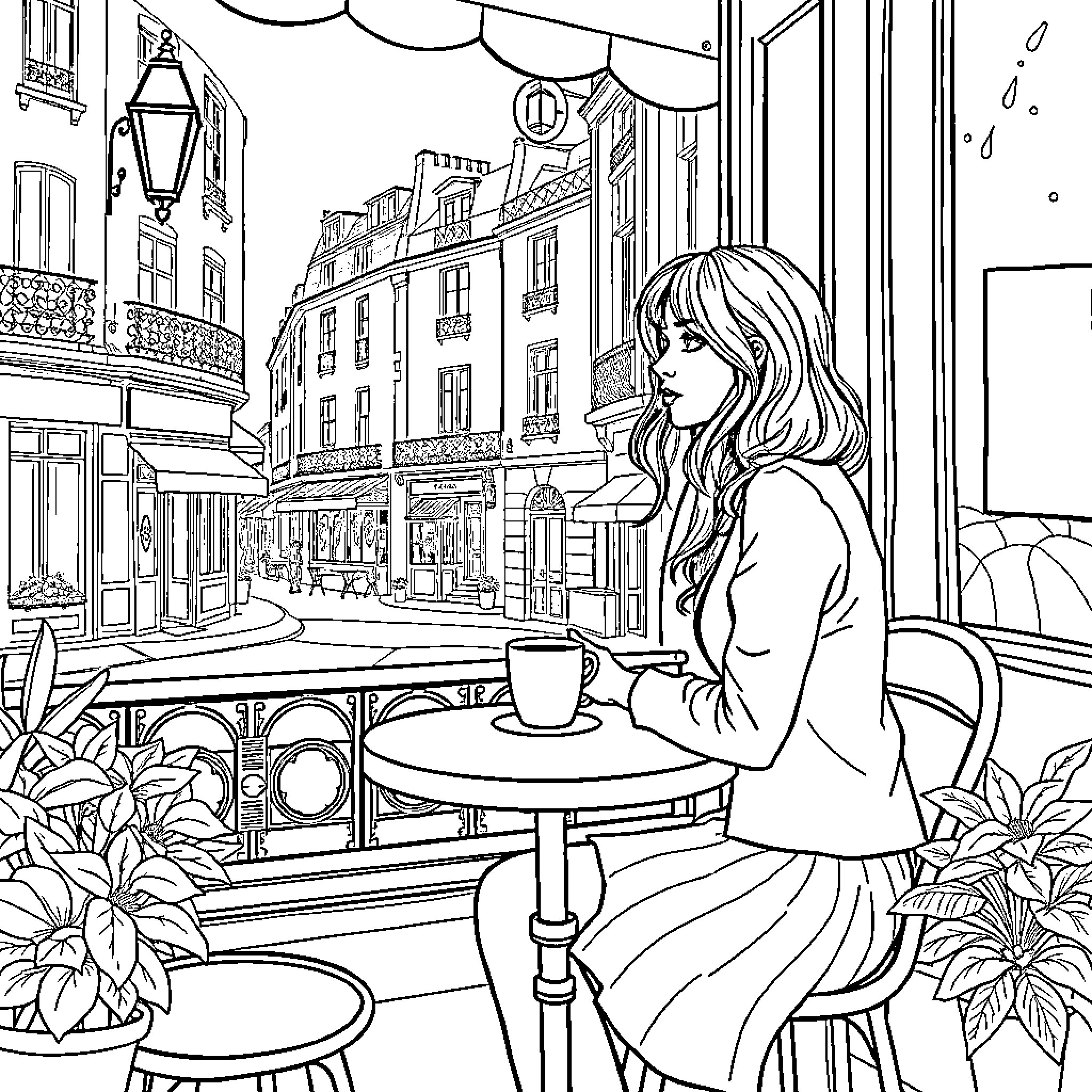 Woman enjoying coffee at a cafe overlooking a city street Coloring Page (free black-and-white line drawing printable PDF for all, from beginners to advanced learners, including children, teens, adults, and seniors)