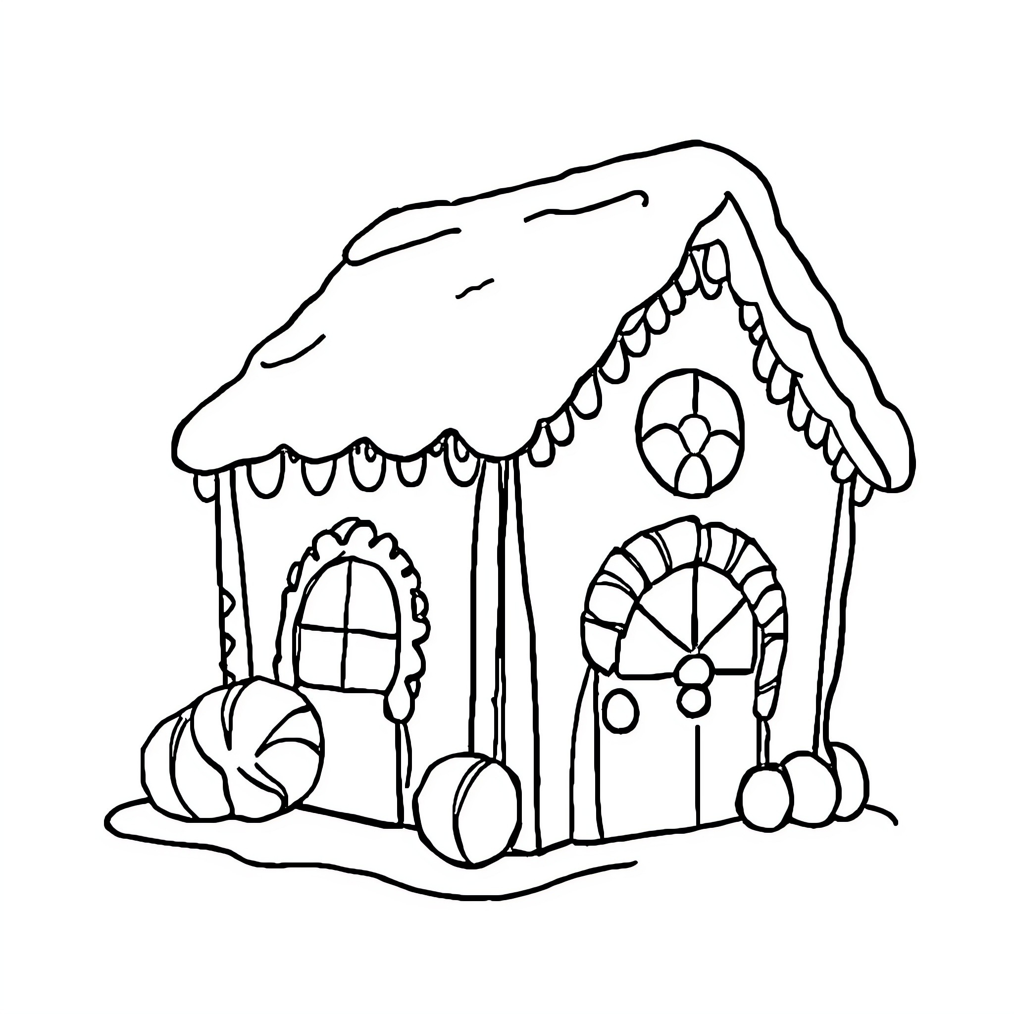 Gingerbread House with Festive Decorations Coloring Page (free black-and-white line drawing printable PDF for all, from beginners to advanced learners, including children, teens, adults, and seniors)