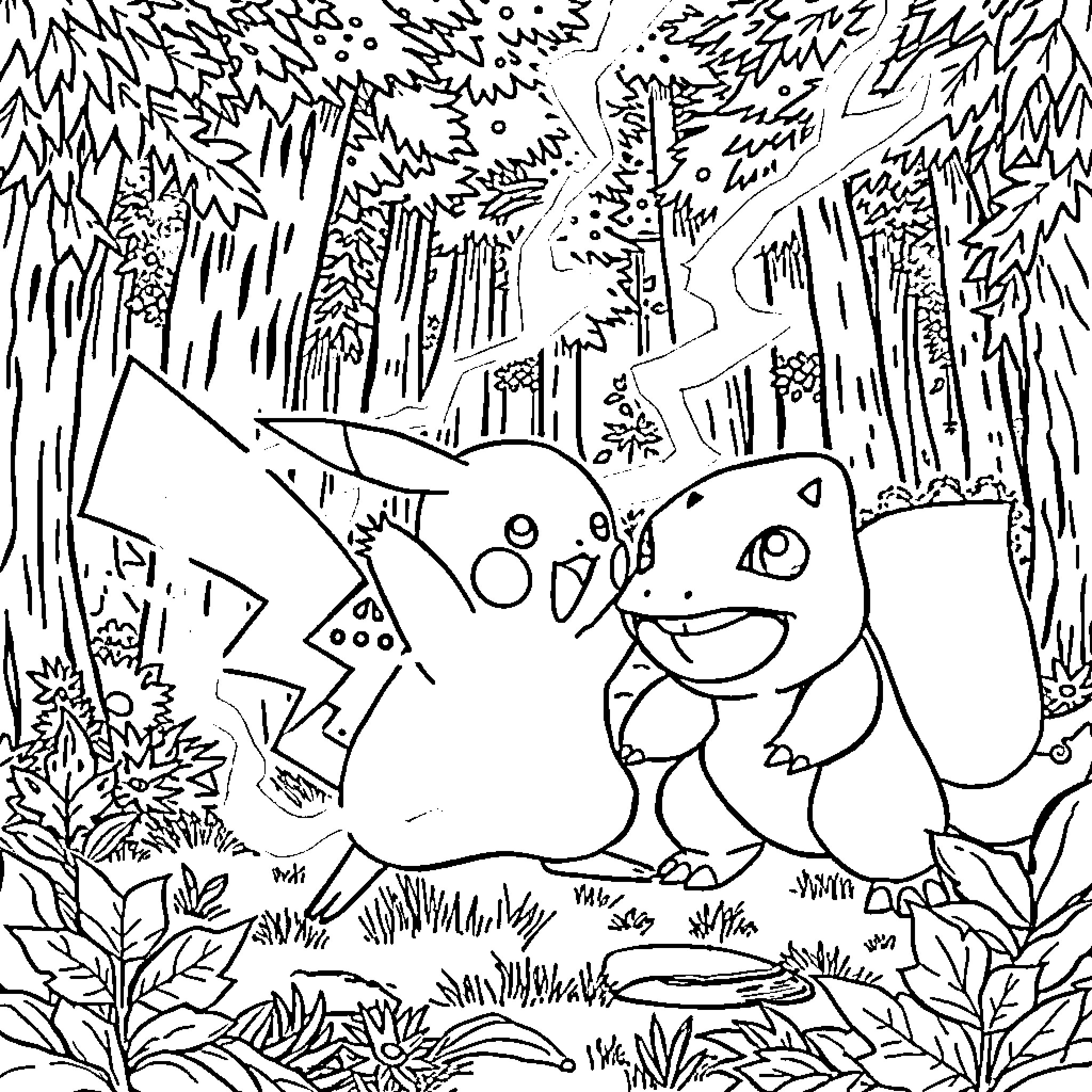 Pikachu enjoying the forest scenery with friends Coloring Page (free black-and-white line drawing printable PDF for all, from beginners to advanced learners, including children, teens, adults, and seniors)