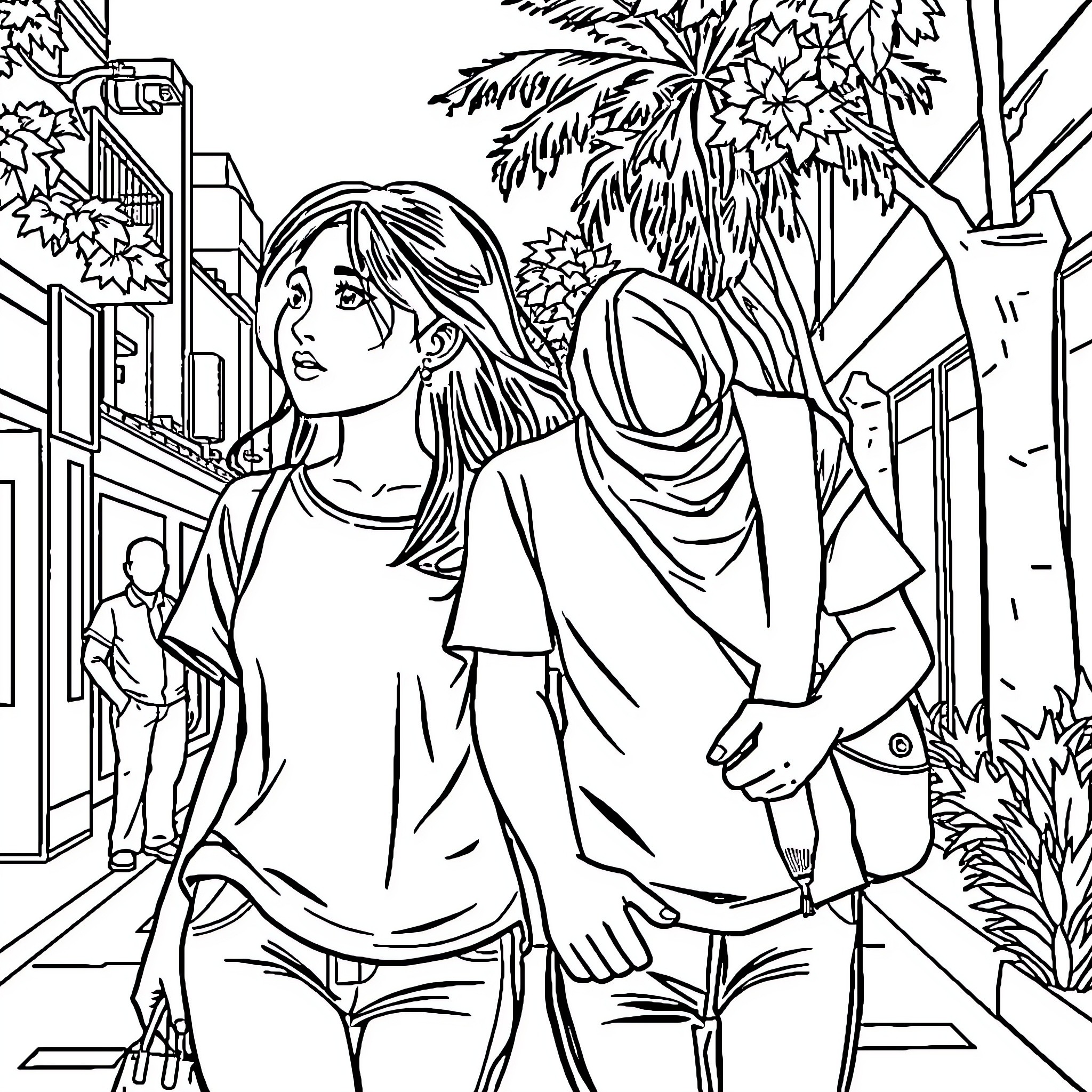 Fighting Person Opposing Figures in Confrontational Pose Coloring Page (free black-and-white line drawing printable PDF for all, from beginners to advanced learners, including children, teens, adults, and seniors)