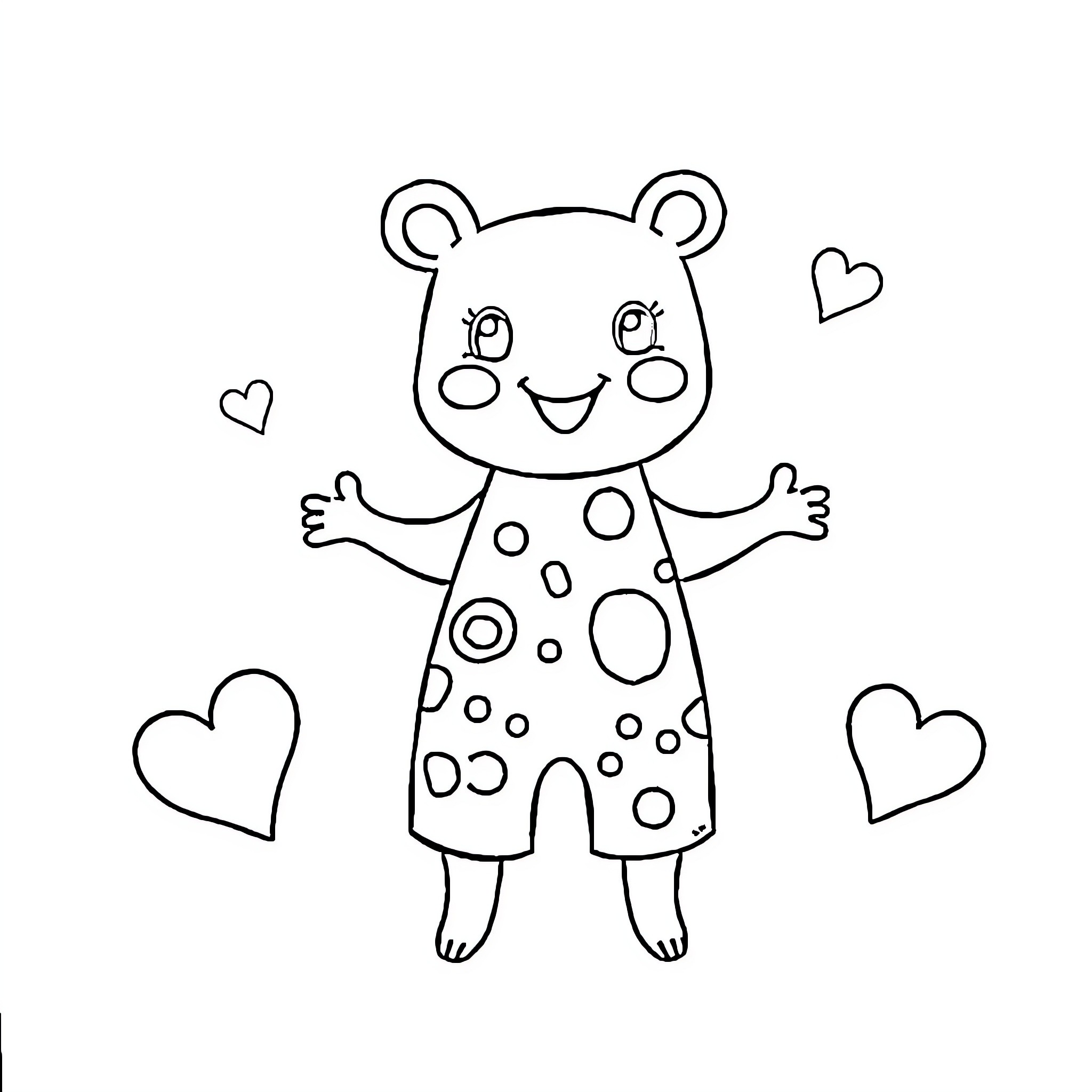 Romper Romper with Heart Shapes and Friendly Bear Coloring Page (free black-and-white line drawing printable PDF for all, from beginners to advanced learners, including children, teens, adults, and seniors)