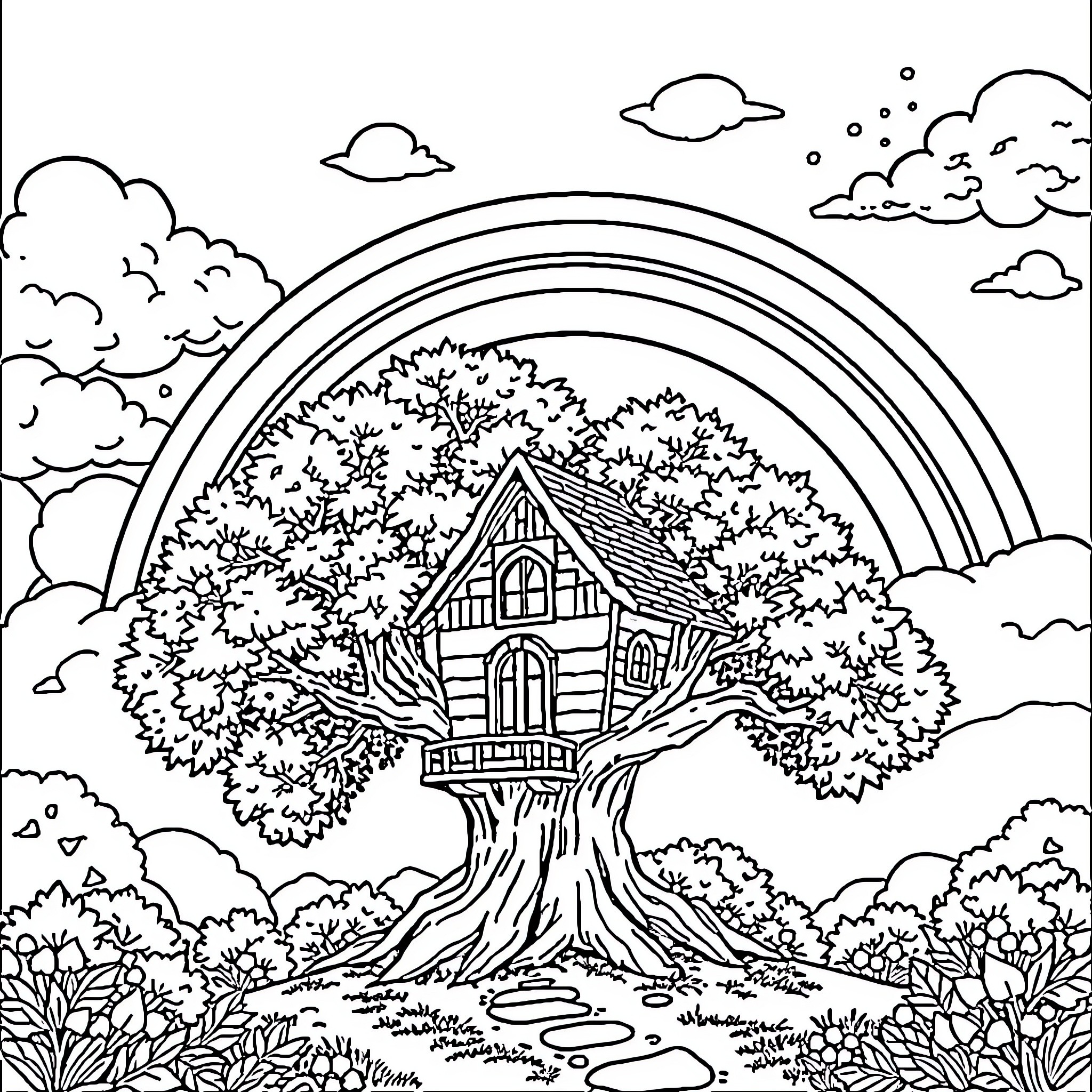 Tree House in Magical Woodland Scenery Coloring Page (free black-and-white line drawing printable PDF for all, from beginners to advanced learners, including children, teens, adults, and seniors)