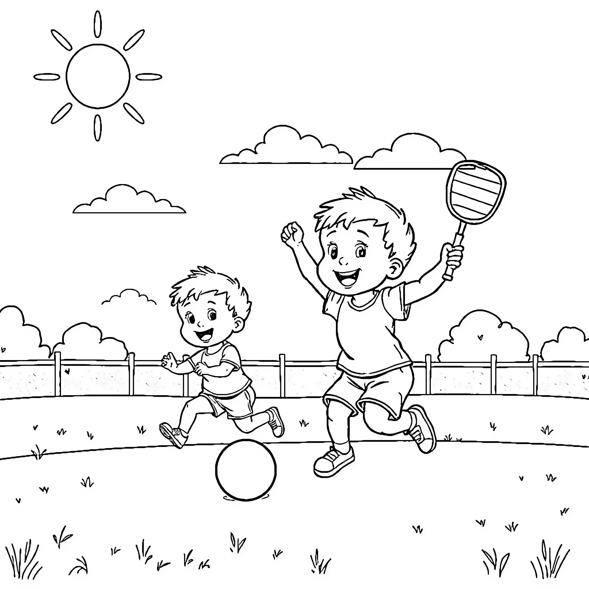 Baby boys playing outdoor games happily Coloring Page (free black-and-white line drawing printable PDF for all, from beginners to advanced learners, including children, teens, adults, and seniors)