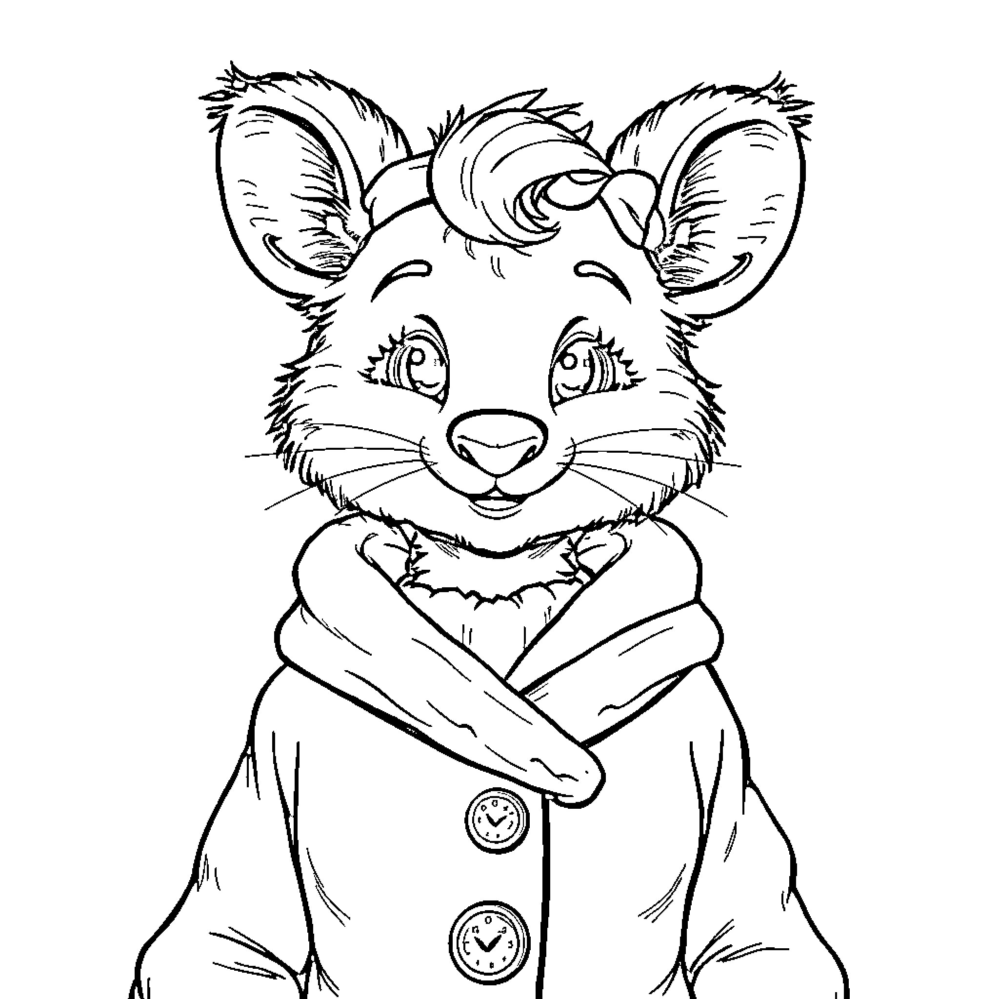 Mouse in a Cozy Coat Coloring Page (free black-and-white line drawing printable PDF for all, from beginners to advanced learners, including children, teens, adults, and seniors)