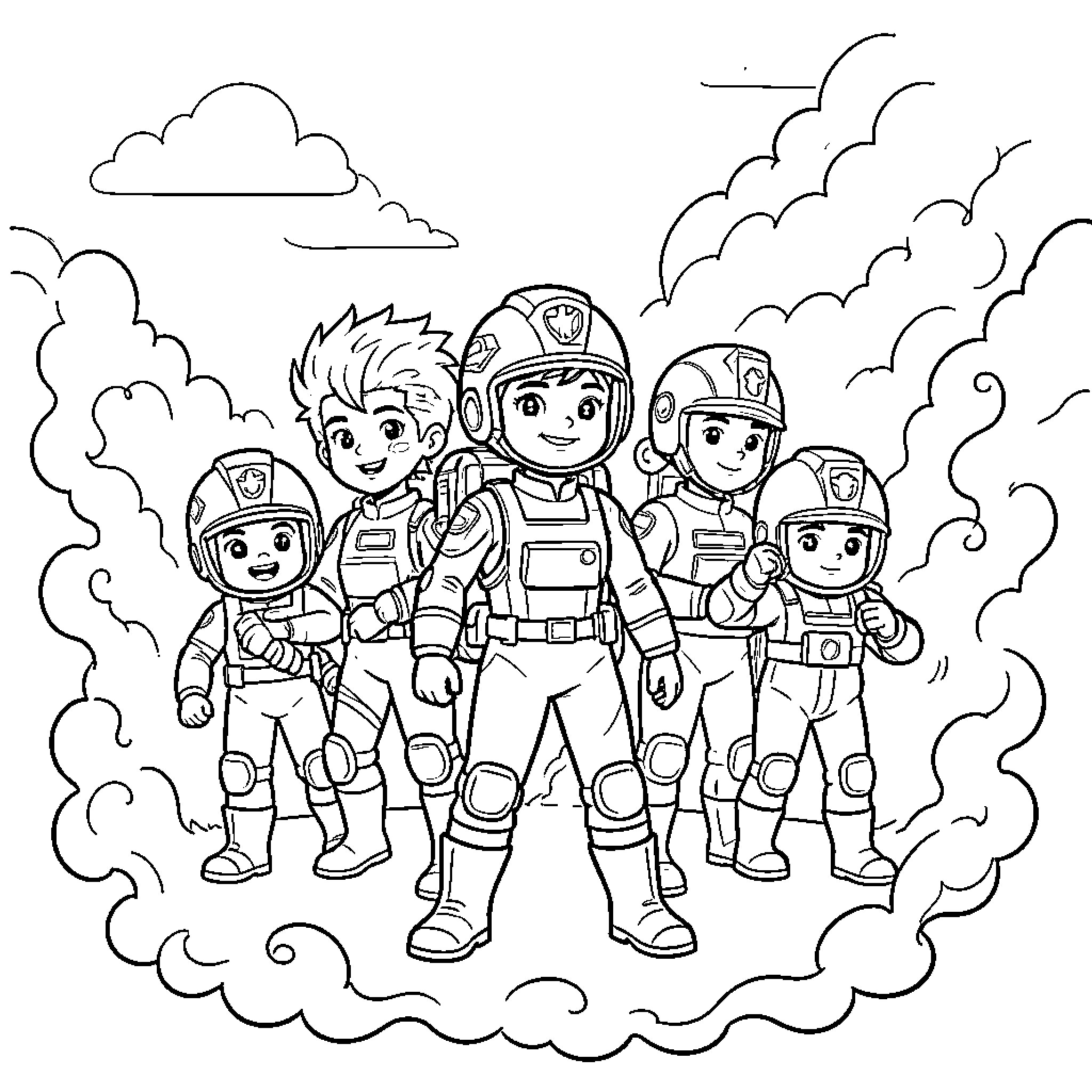 Pat Patrouille characters posing together in hero outfits Coloring Page (free black-and-white line drawing printable PDF for all, from beginners to advanced learners, including children, teens, adults, and seniors)
