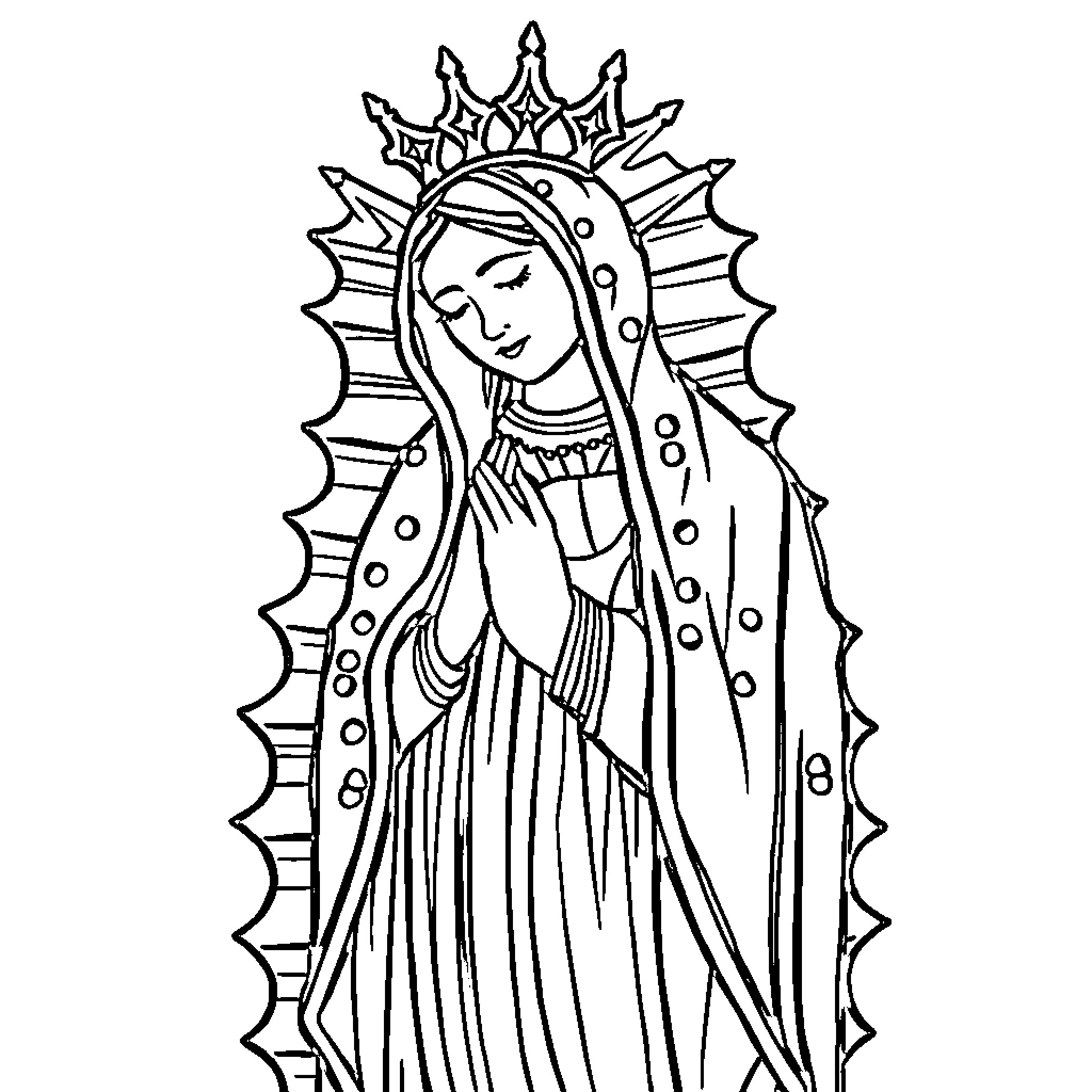 Virgen de Guadalupe in prayerful pose with ornate crown Coloring Page (free black-and-white line drawing printable PDF for all, from beginners to advanced learners, including children, teens, adults, and seniors)