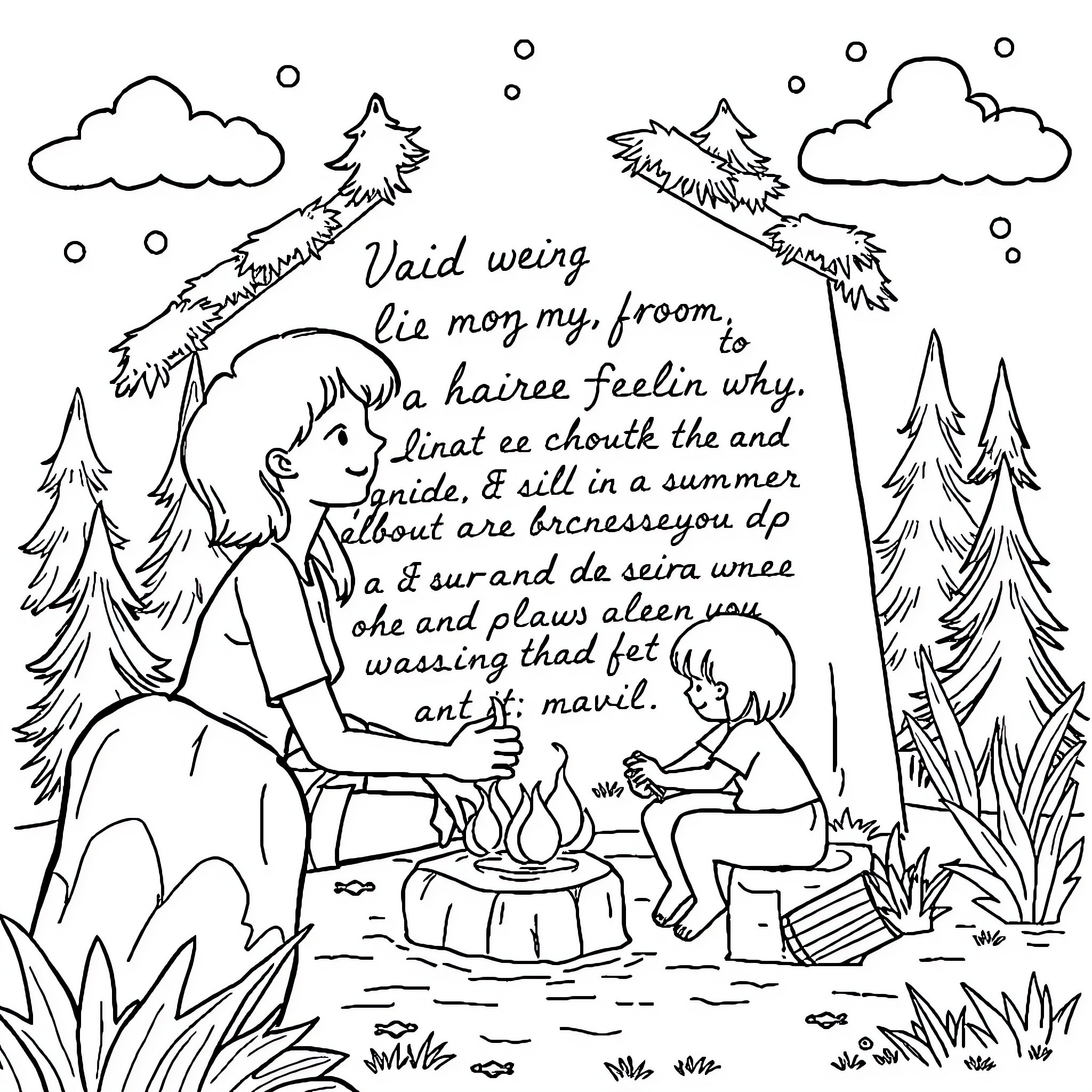 Letter about a heartfelt camping experience Coloring Page (free black-and-white line drawing printable PDF for all, from beginners to advanced learners, including children, teens, adults, and seniors)
