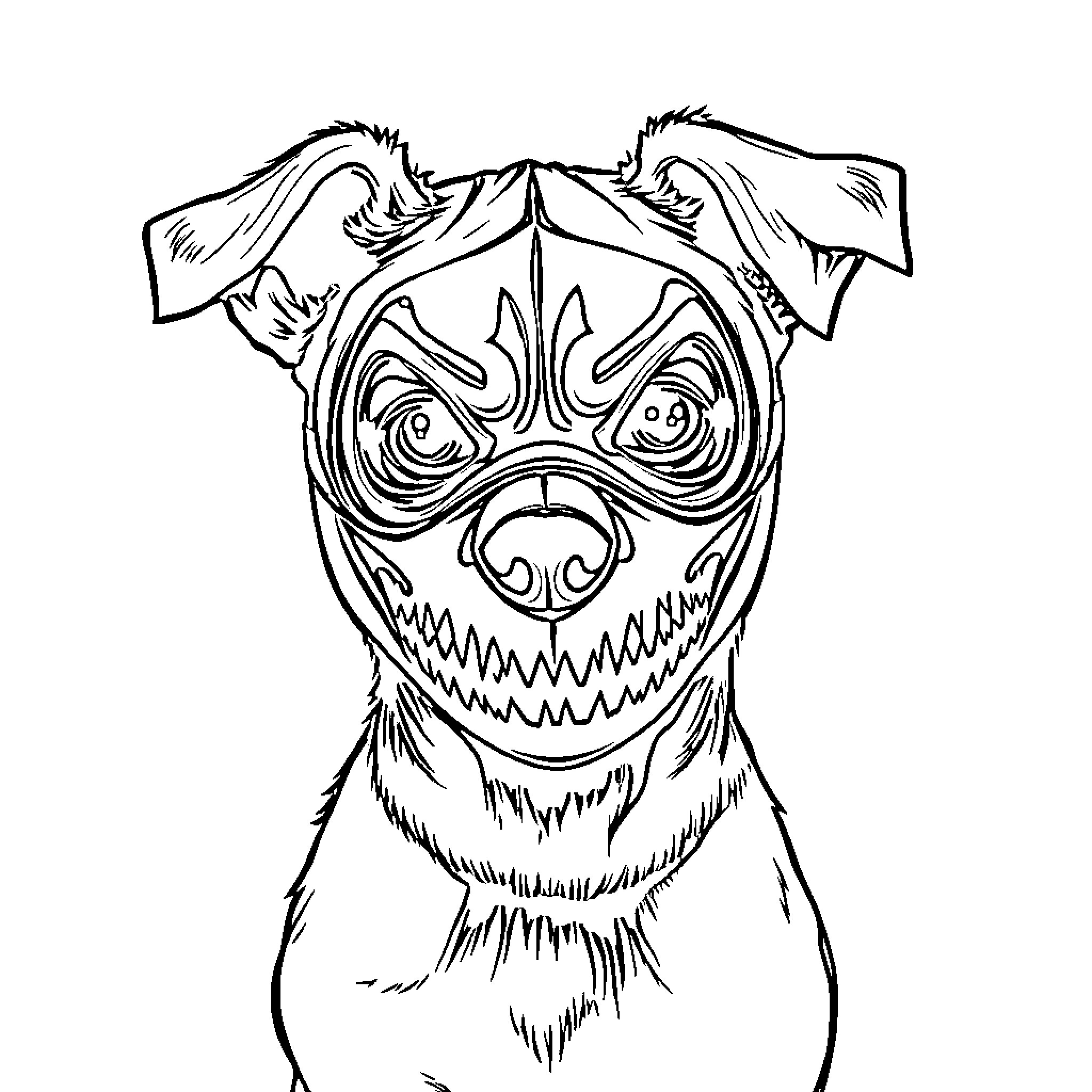 Dog with menacing facial expression Coloring Page (free black-and-white line drawing printable PDF for all, from beginners to advanced learners, including children, teens, adults, and seniors)