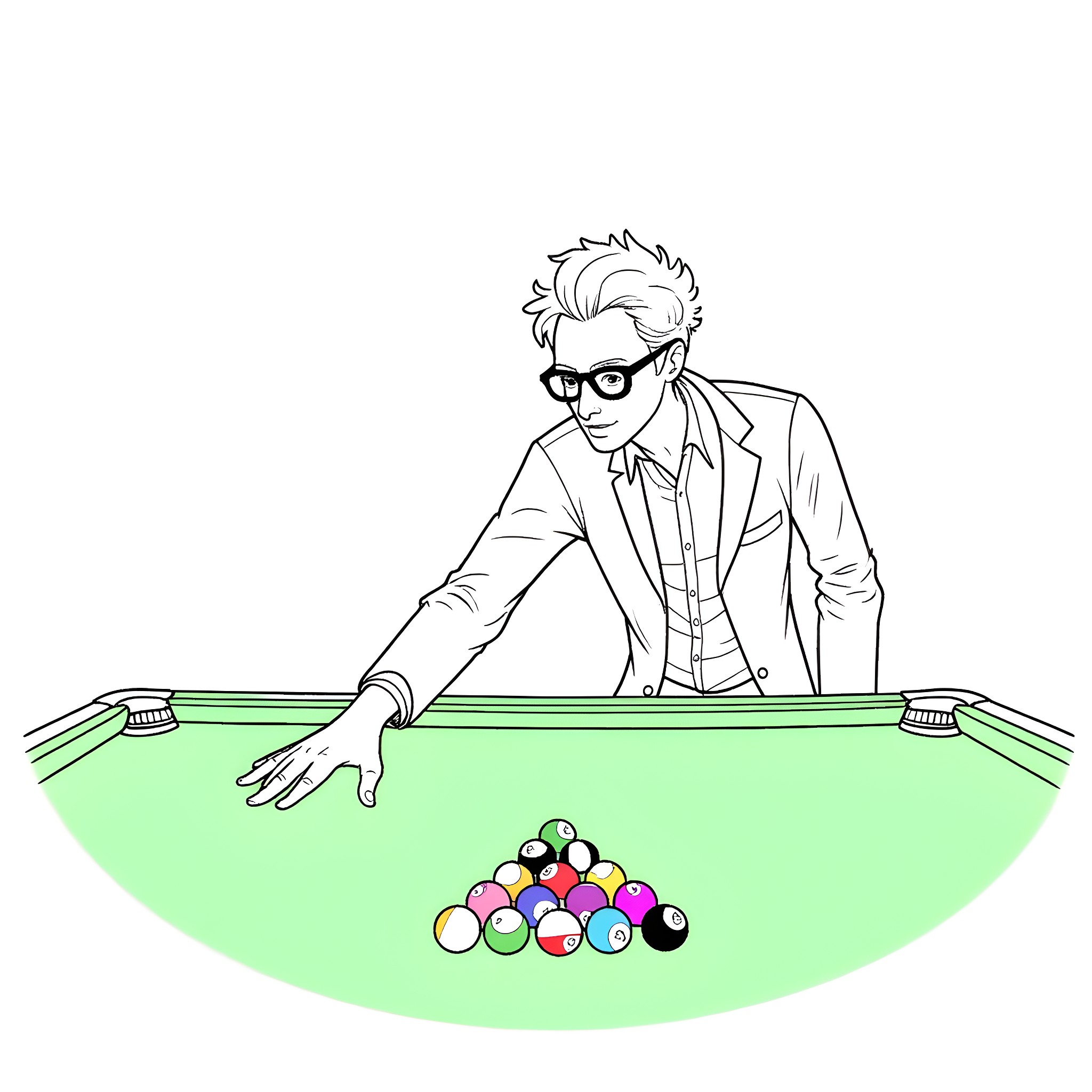 Egon Spengler playing pool at the office Coloring Page (free black-and-white line drawing printable PDF for all, from beginners to advanced learners, including children, teens, adults, and seniors)