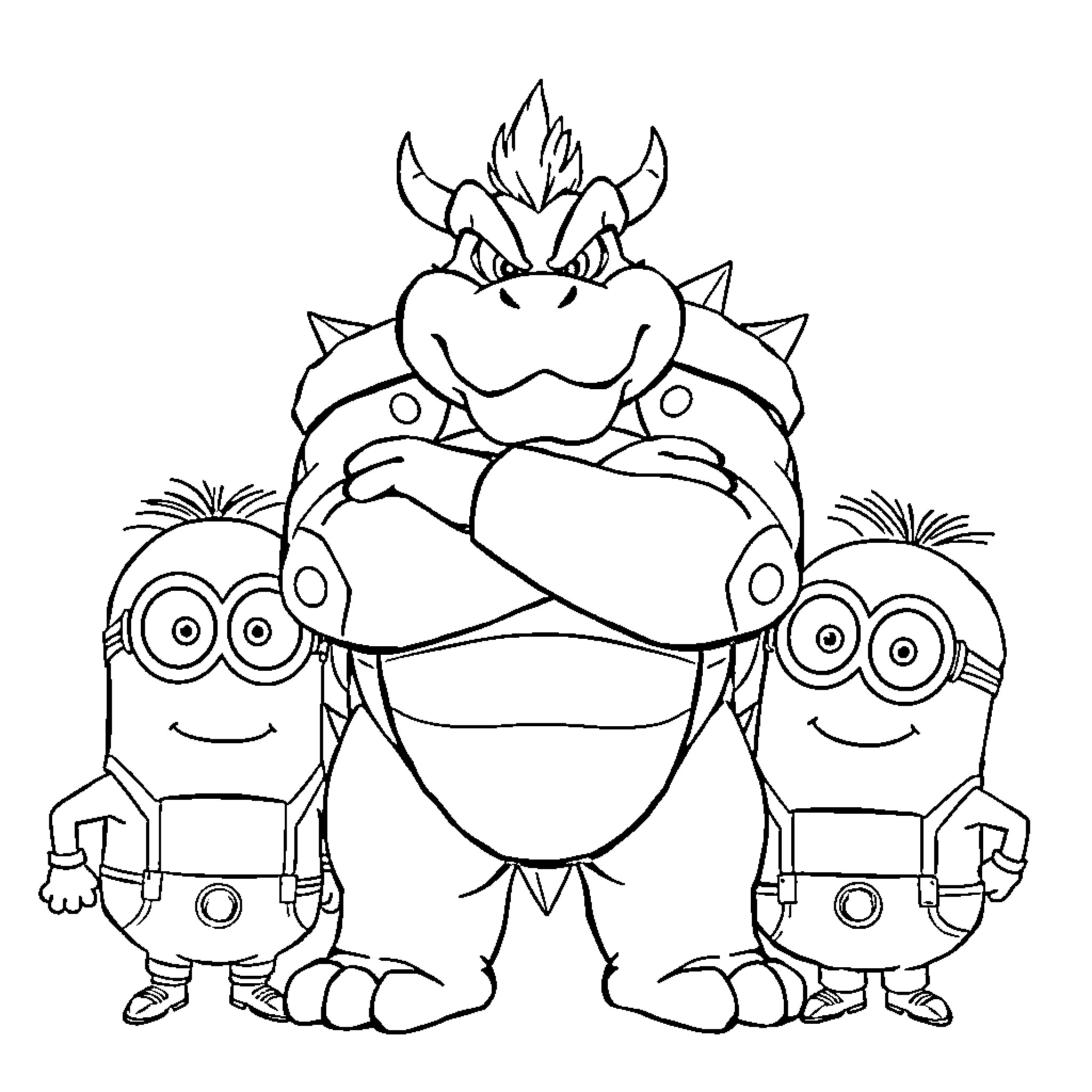 Bowser with Minions in Confrontational Pose Coloring Page (free black-and-white line drawing printable PDF for all, from beginners to advanced learners, including children, teens, adults, and seniors)