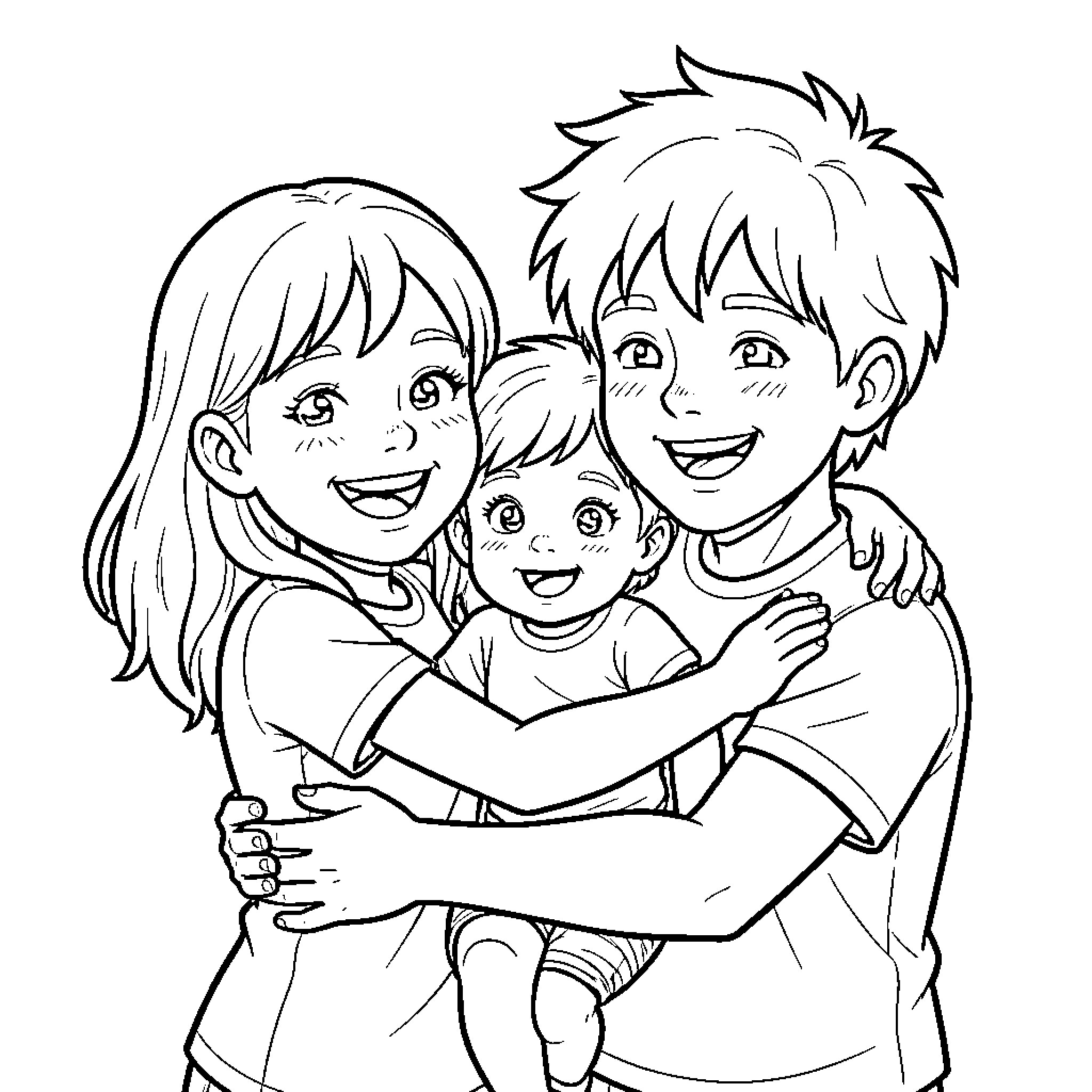 Kid Family Sharing Affectionate Moment Coloring Page (free black-and-white line drawing printable PDF for all, from beginners to advanced learners, including children, teens, adults, and seniors)